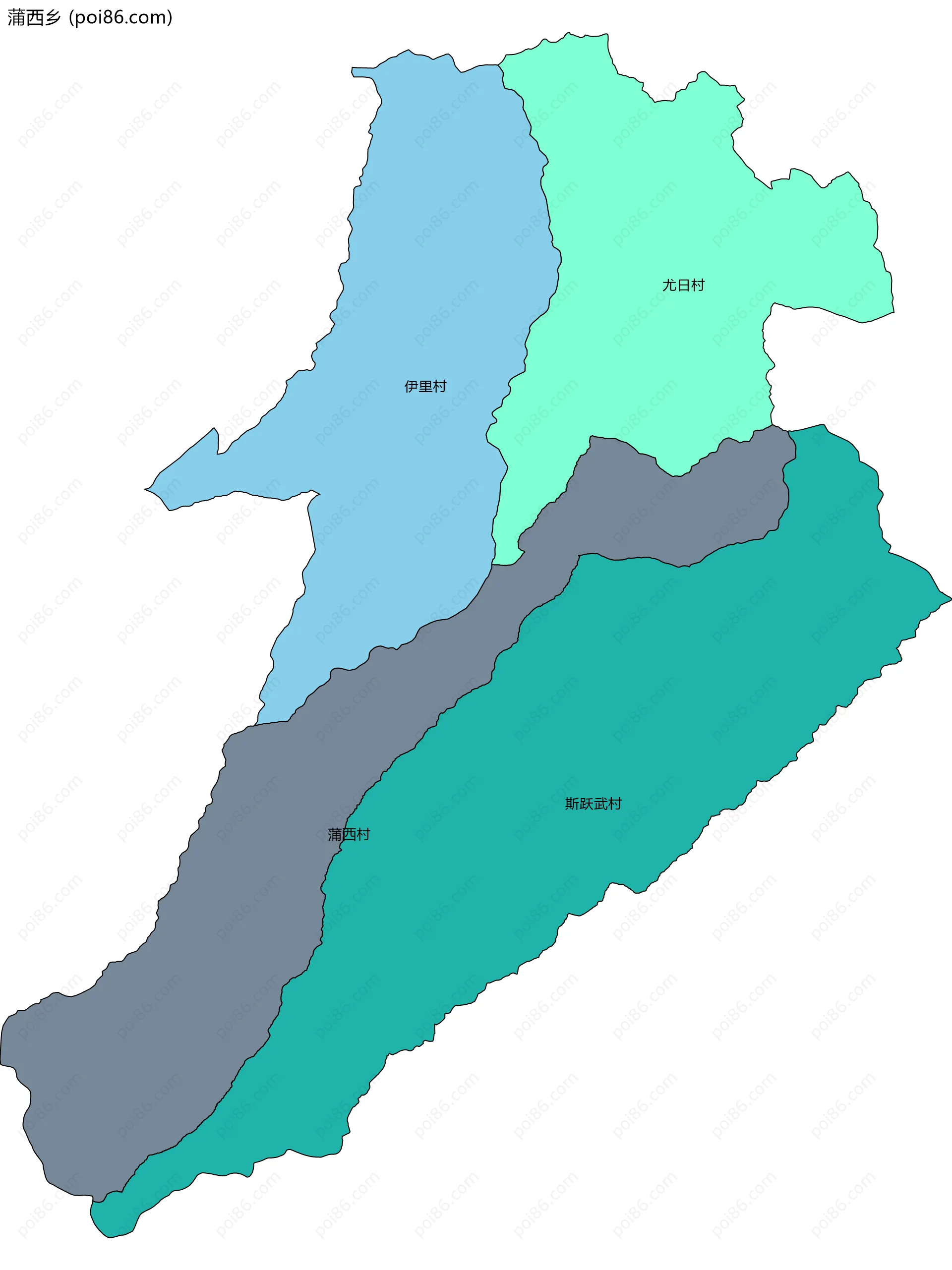 蒲西乡边界地图(五级行政区划)