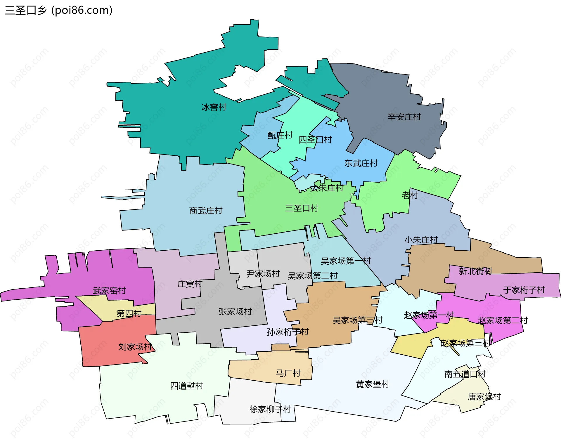 三圣口乡边界地图(五级行政区划)