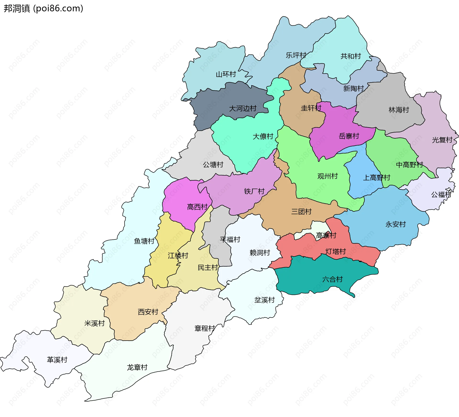邦洞镇边界地图(五级行政区划)