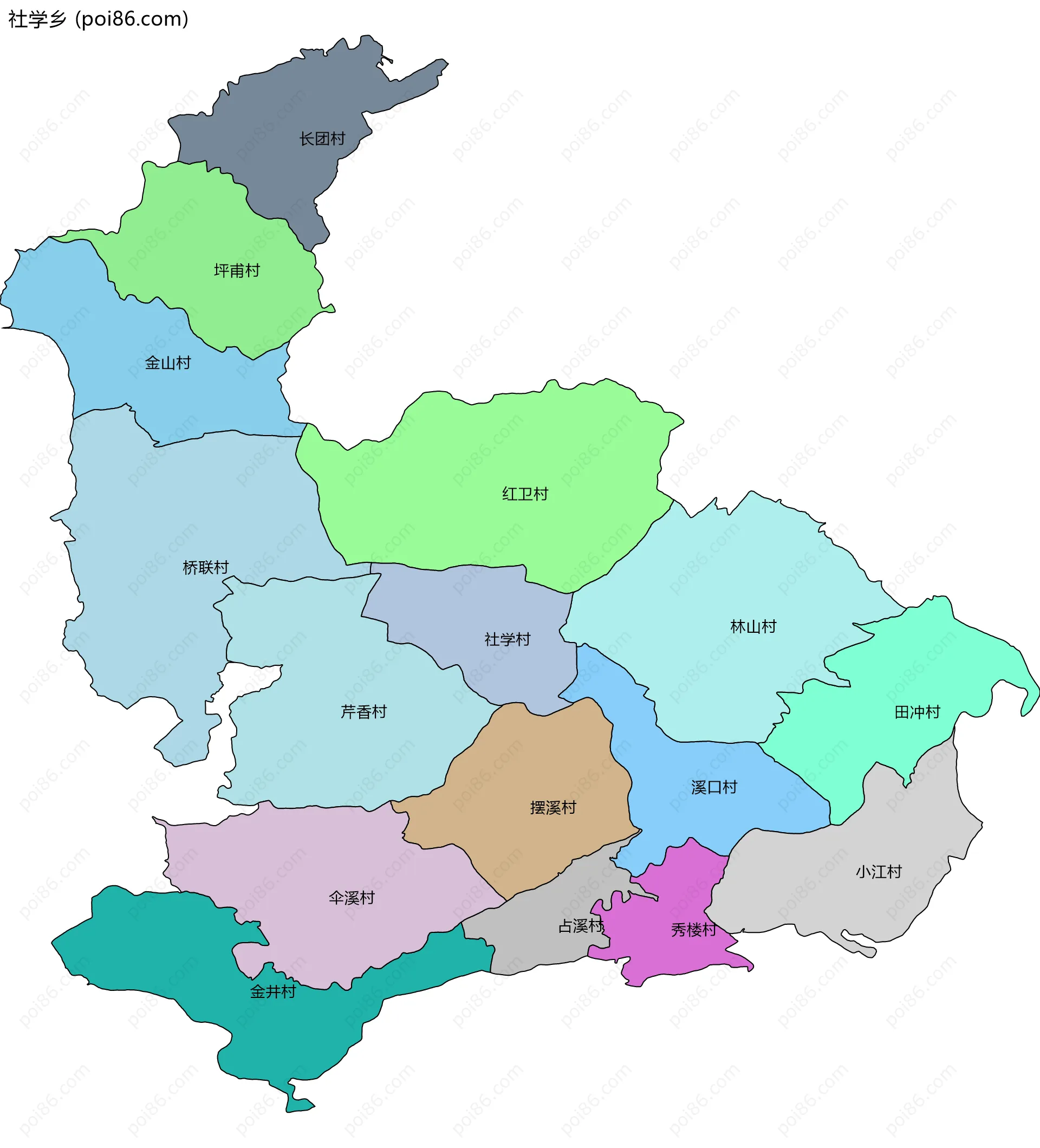 社学乡边界地图(五级行政区划)