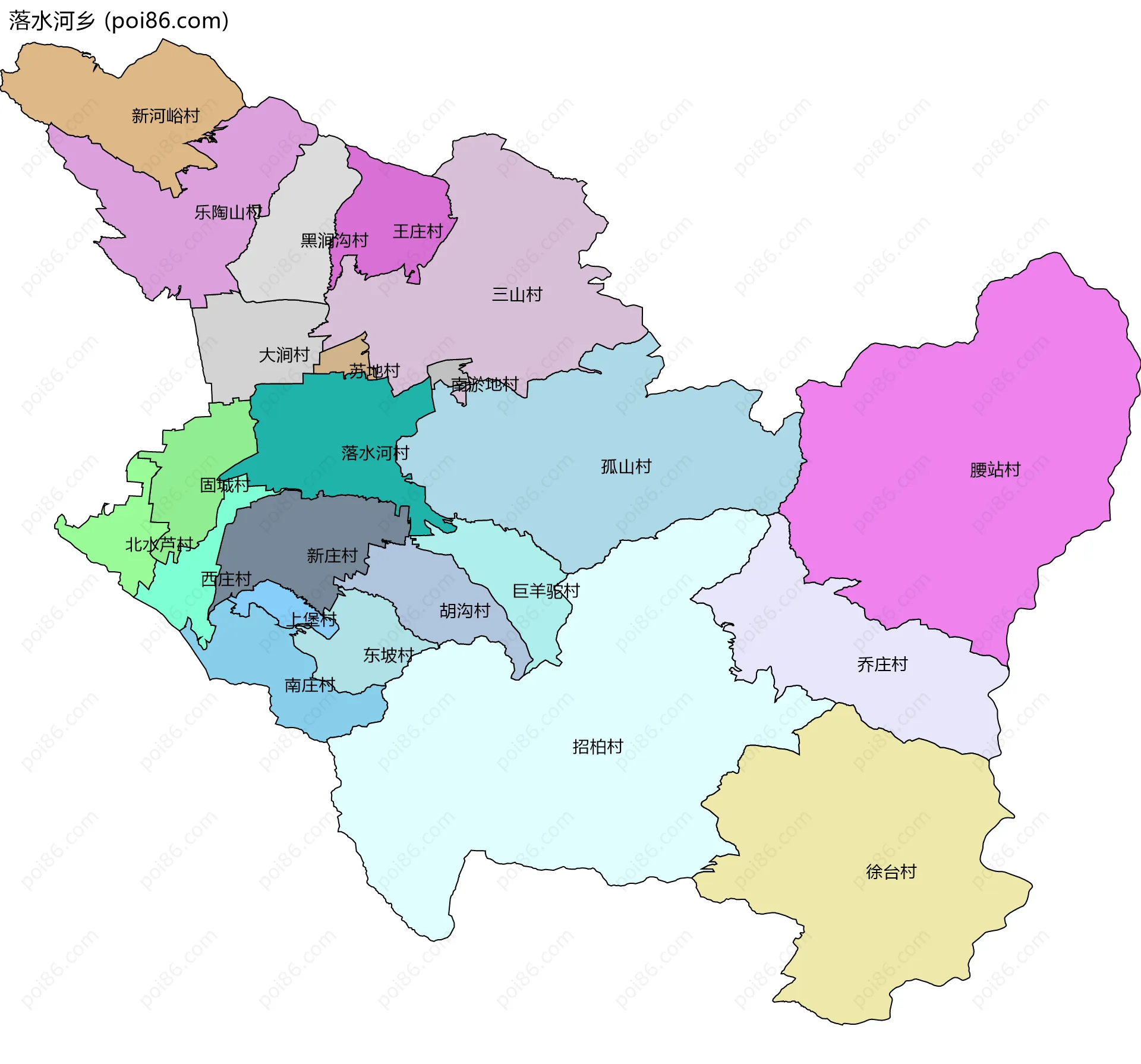 落水河乡边界地图(五级行政区划)