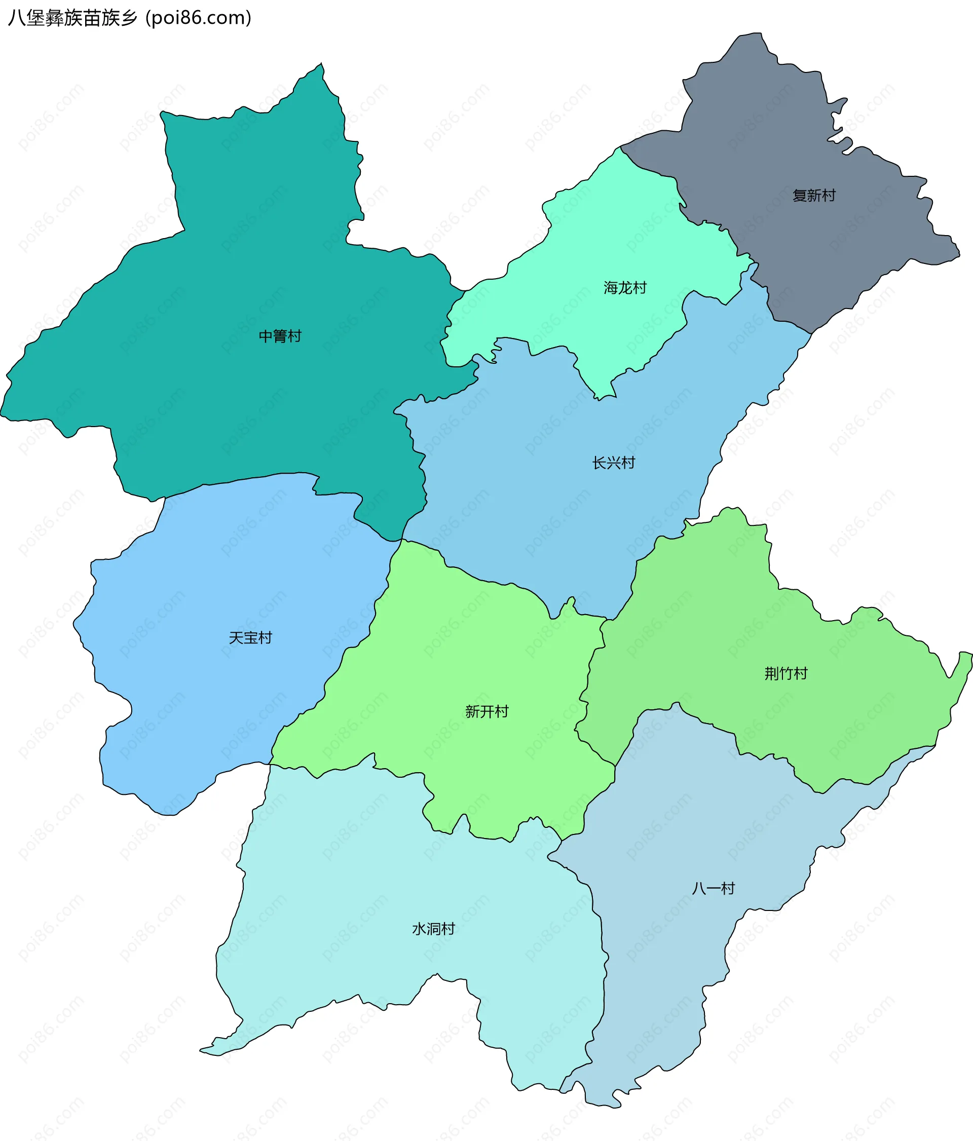 八堡彝族苗族乡边界地图(五级行政区划)