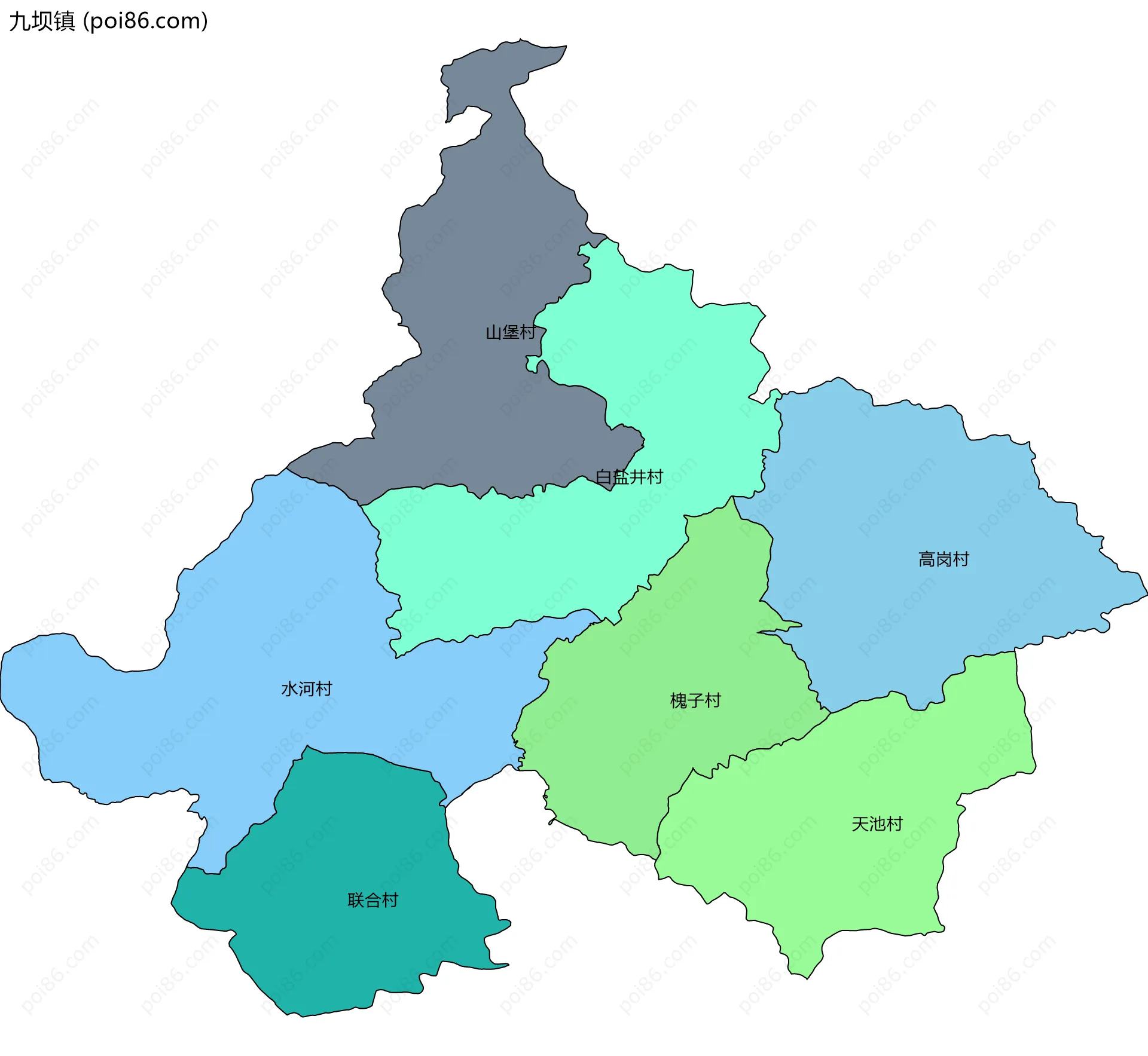 九坝镇边界地图(五级行政区划)