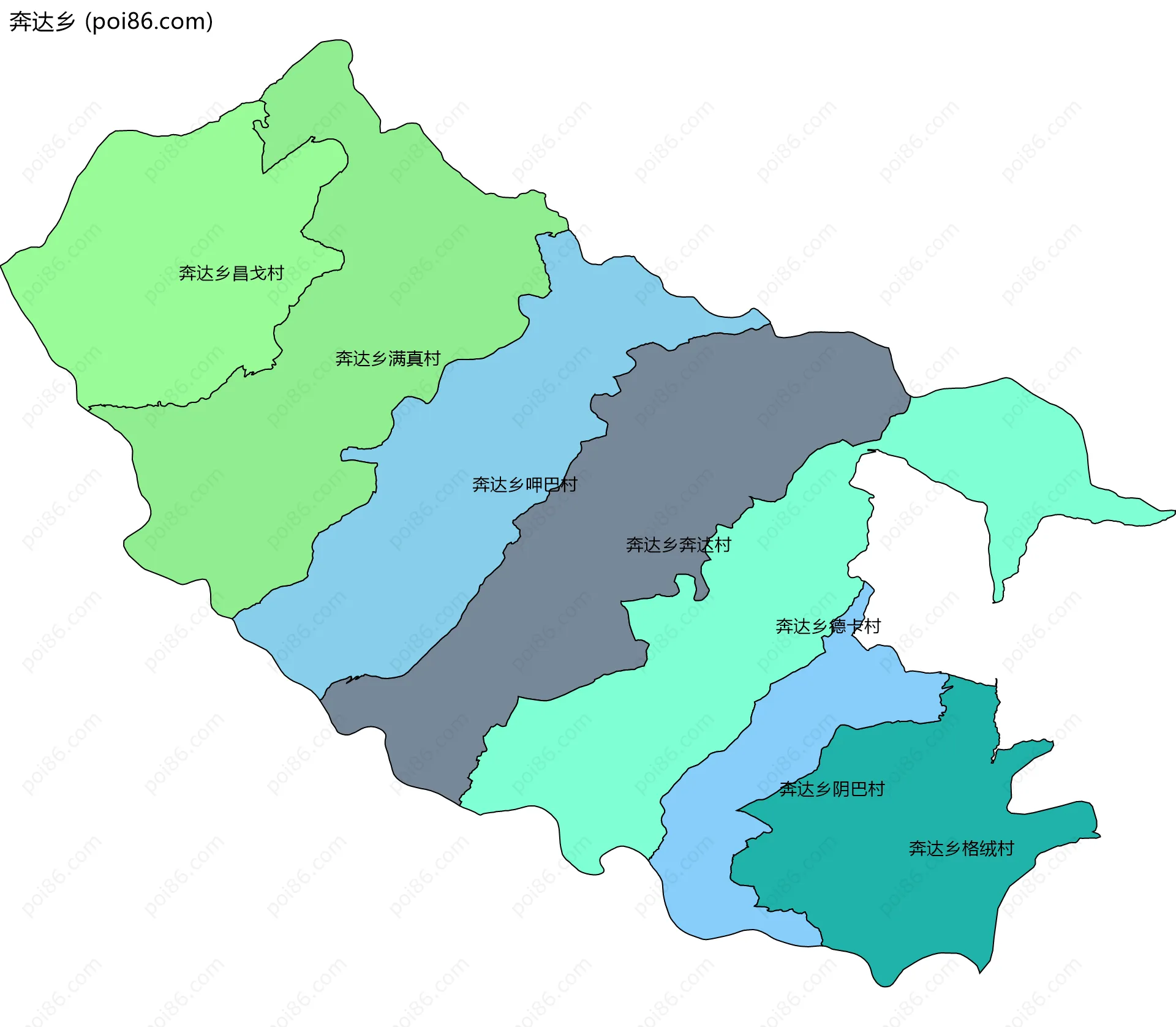 奔达乡边界地图(五级行政区划)