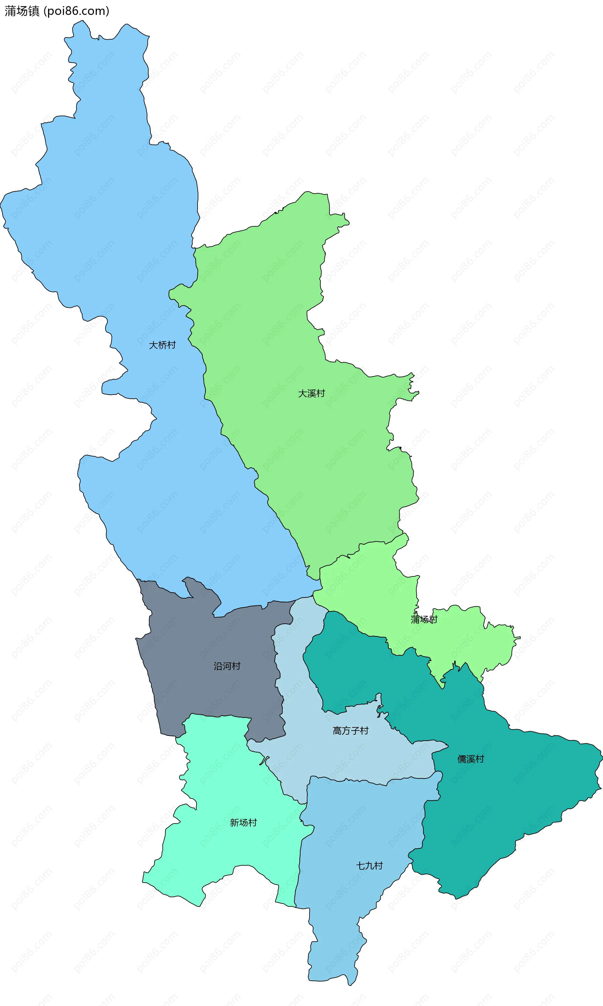 蒲场镇边界地图(五级行政区划)