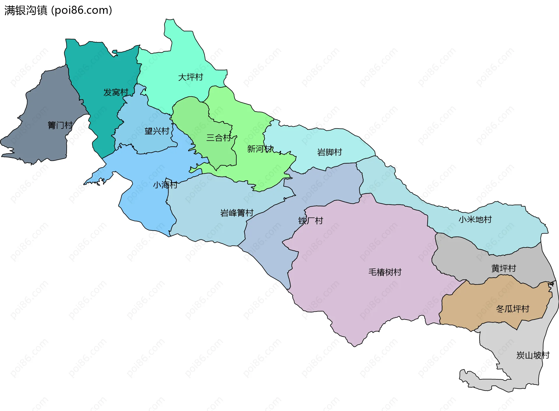 满银沟镇边界地图(五级行政区划)