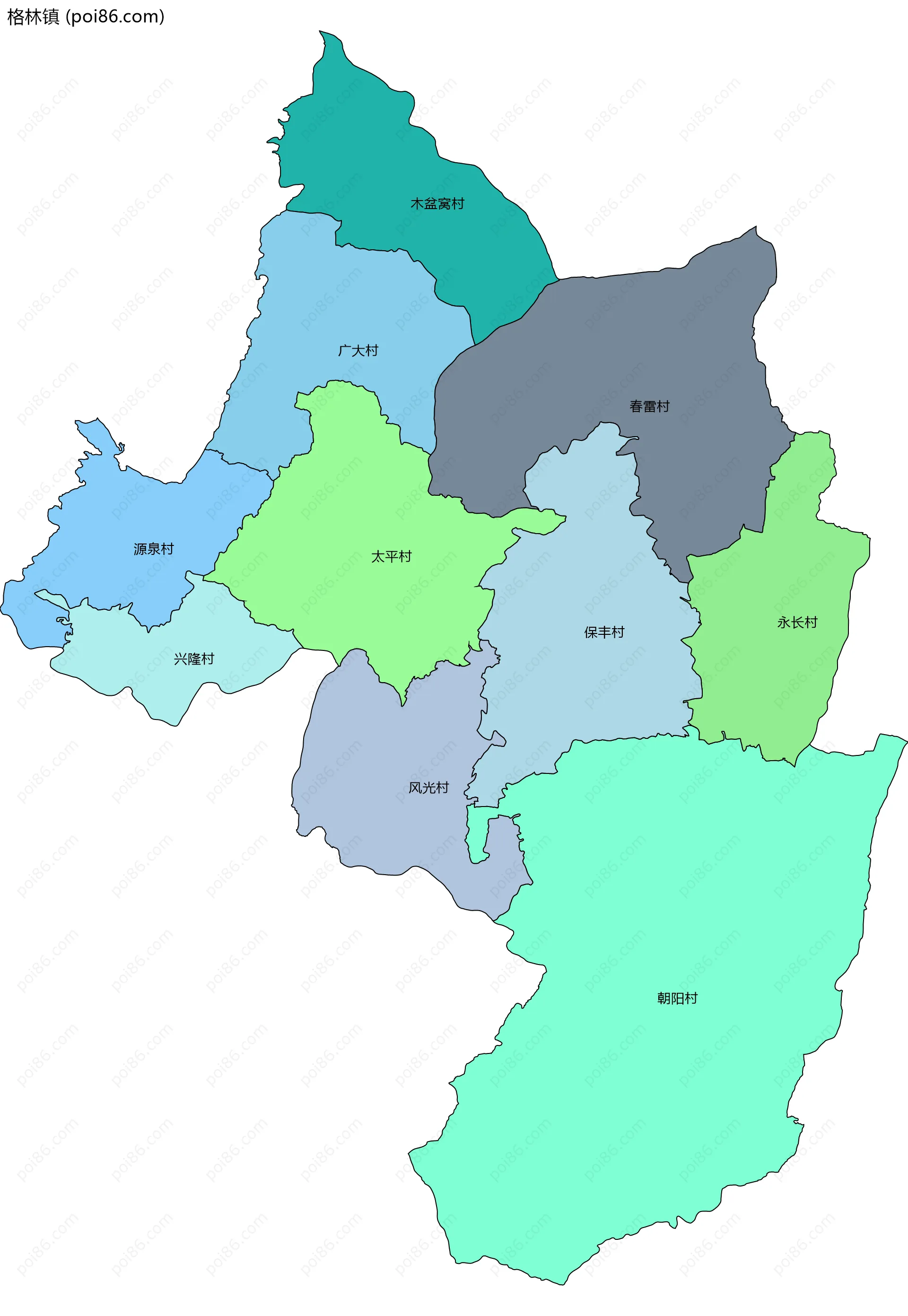 格林镇边界地图(五级行政区划)