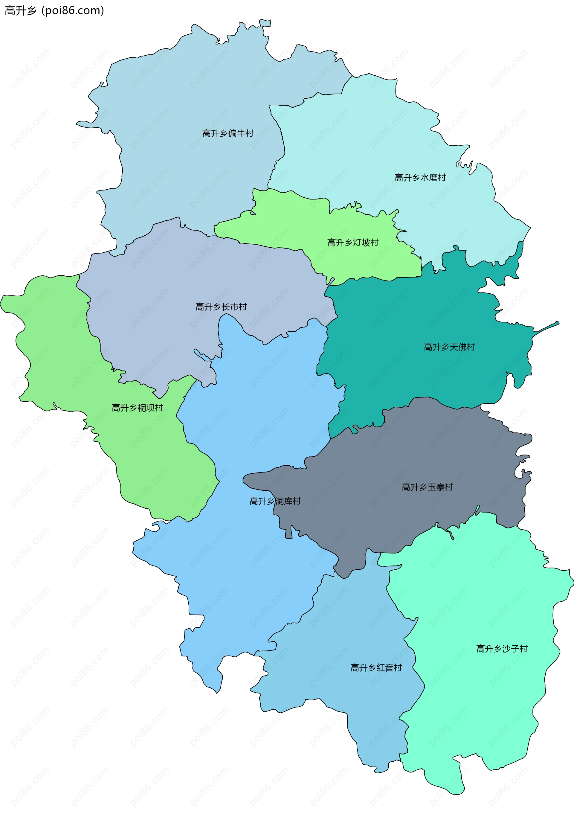 高升乡边界地图(五级行政区划)