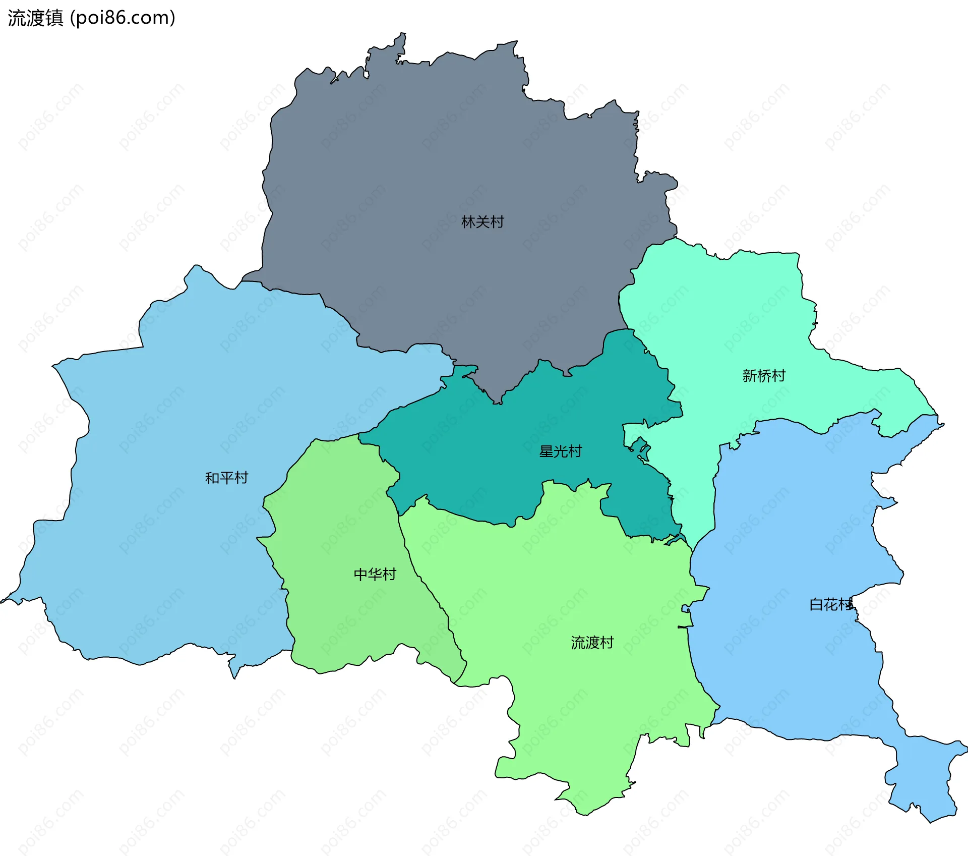 流渡镇边界地图(五级行政区划)