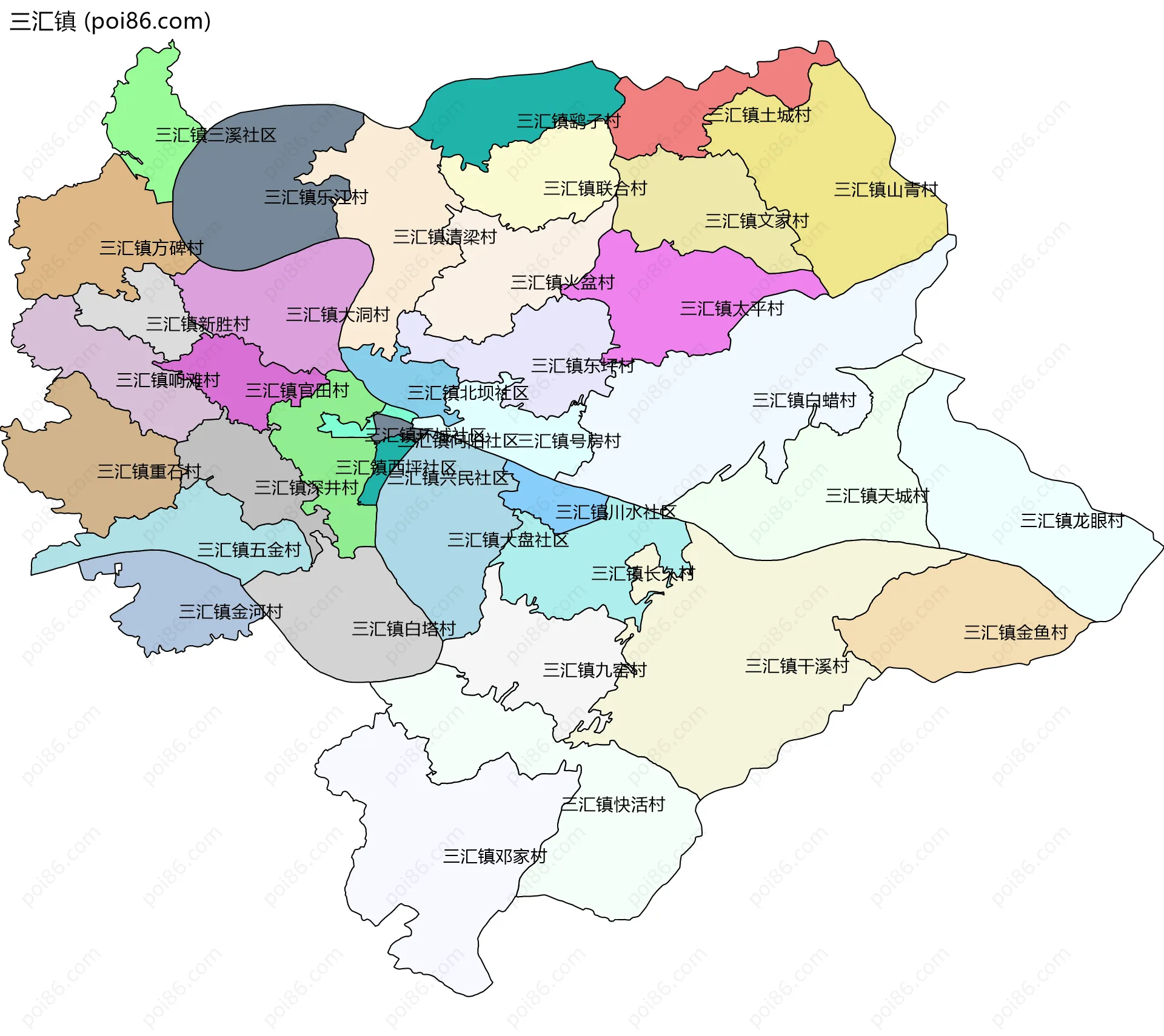 三汇镇边界地图(五级行政区划)