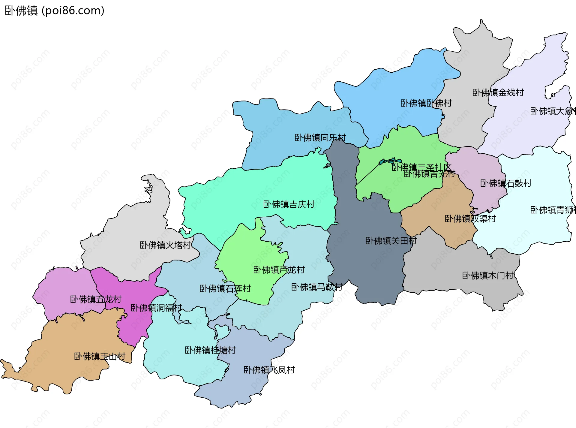 卧佛镇边界地图(五级行政区划)