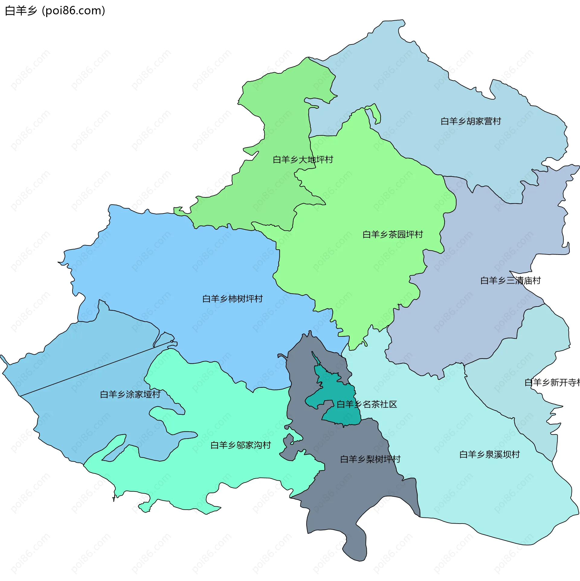 白羊乡边界地图(五级行政区划)