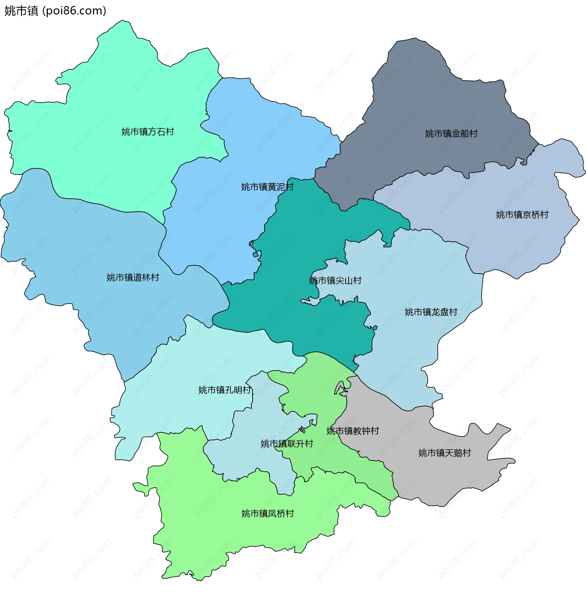 姚市镇边界地图(五级行政区划)