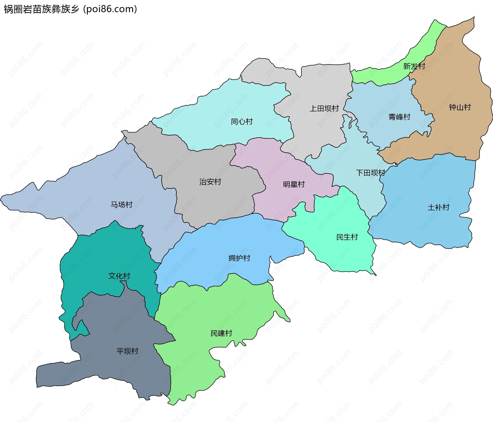 锅圈岩苗族彝族乡边界地图(五级行政区划)