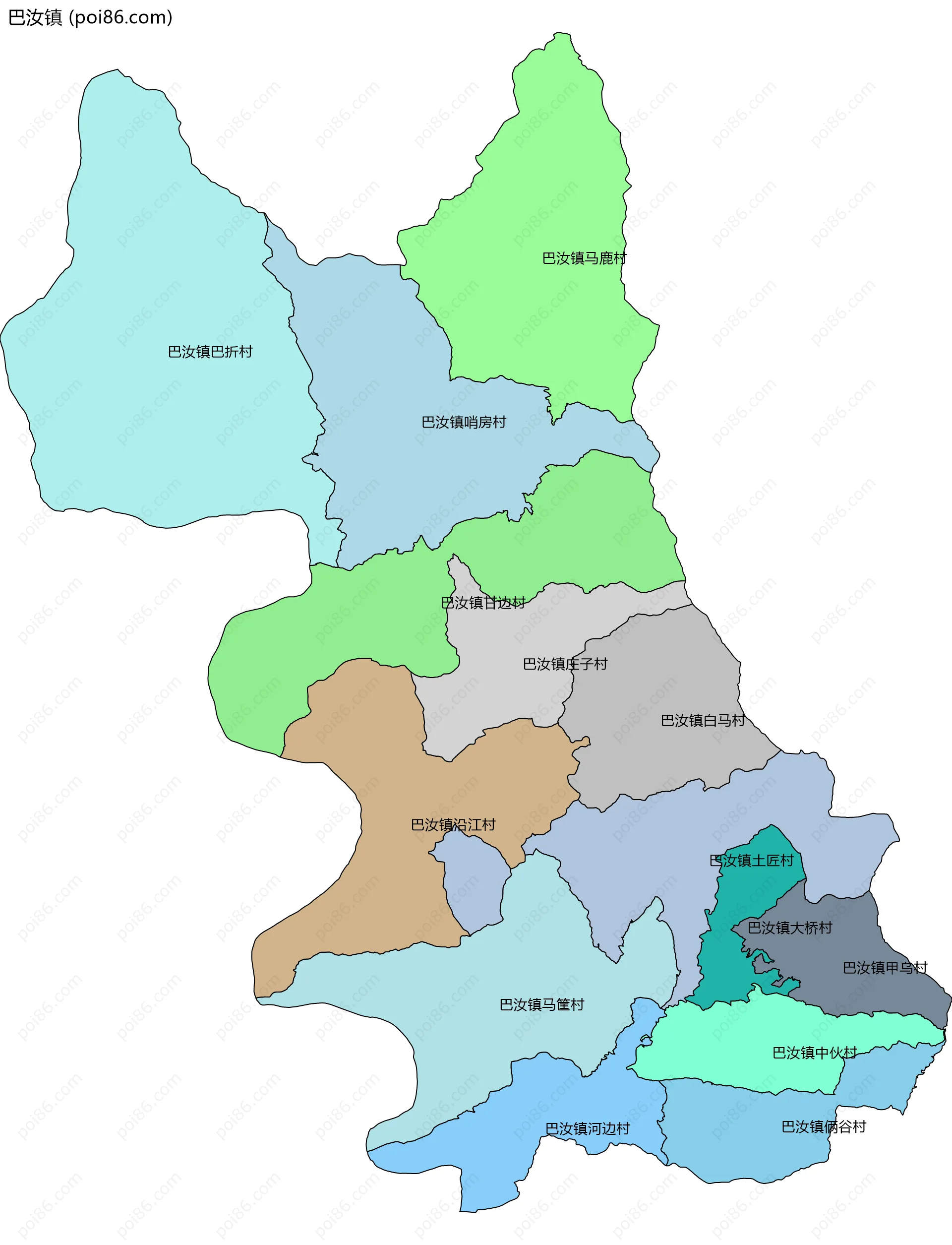 巴汝镇边界地图(五级行政区划)