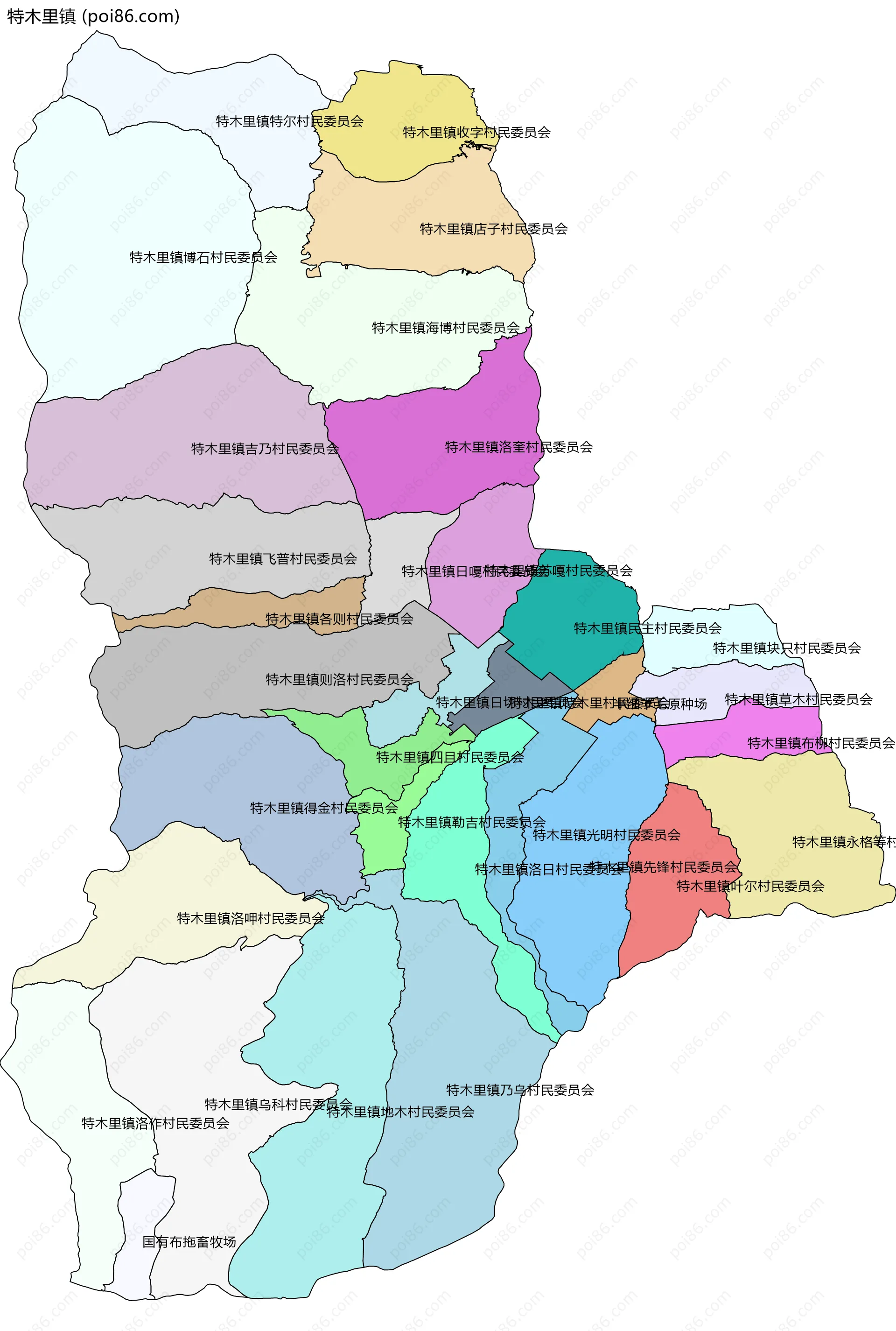 特木里镇边界地图(五级行政区划)