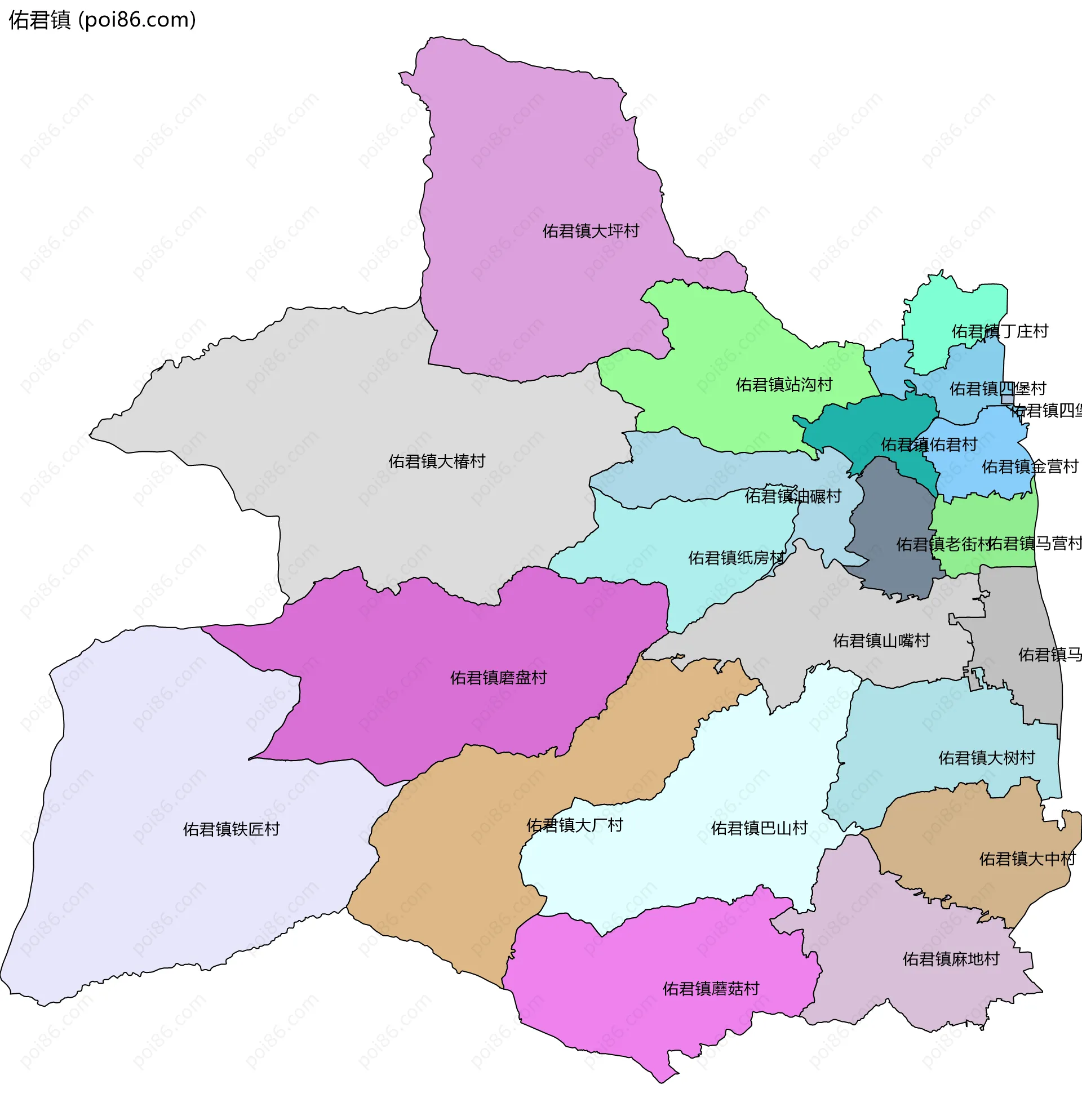 佑君镇边界地图(五级行政区划)