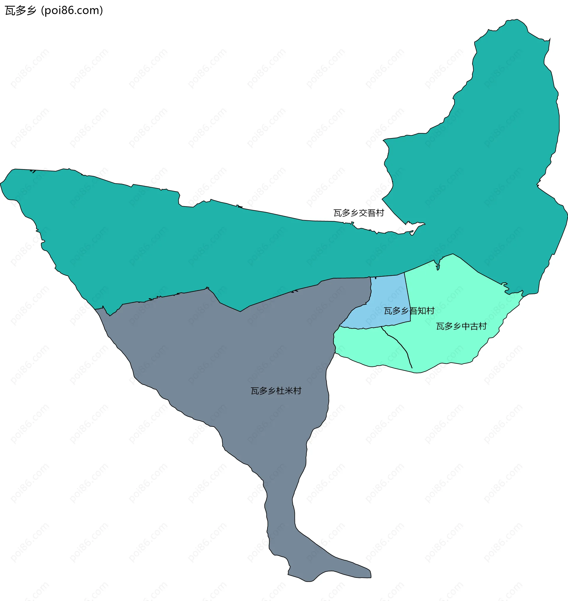 瓦多乡边界地图(五级行政区划)