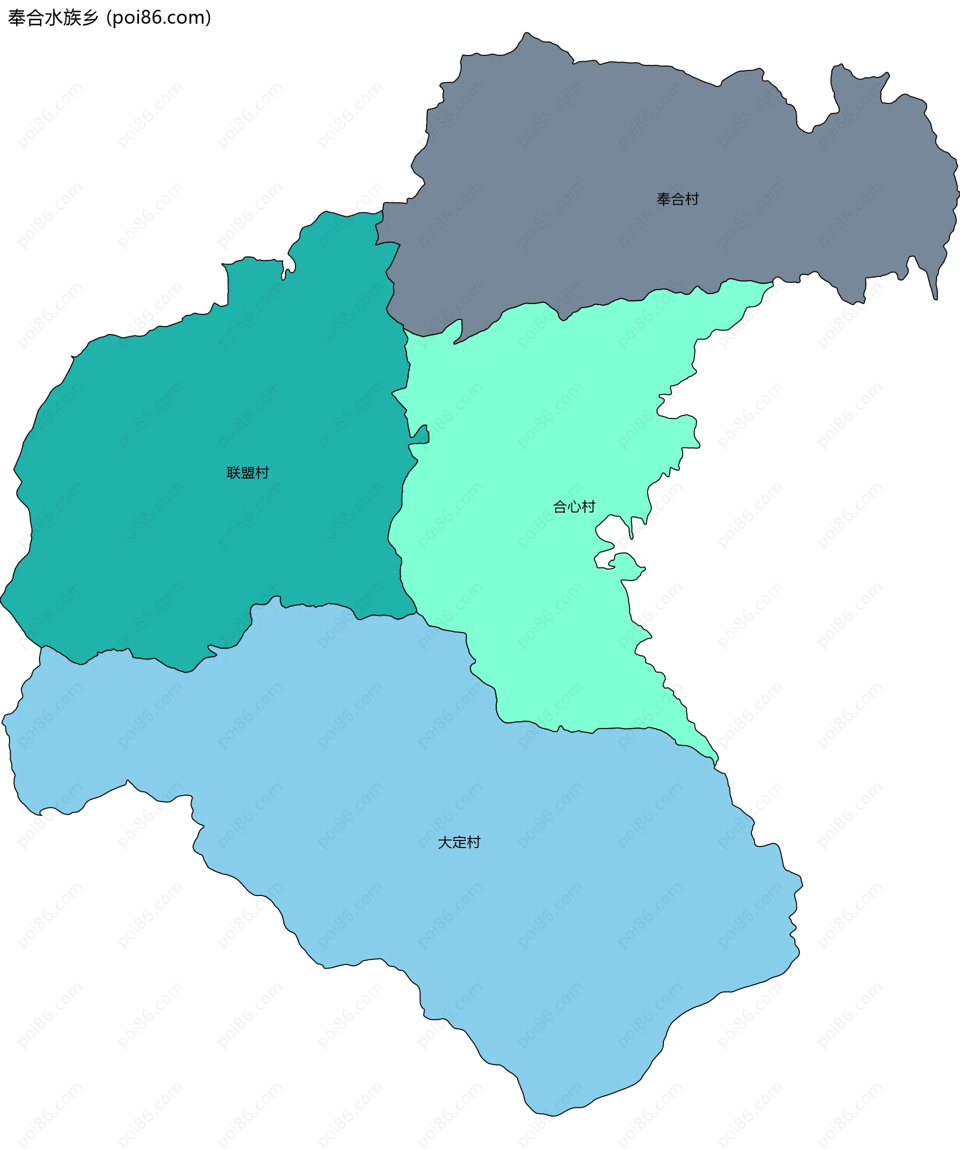 奉合水族乡边界地图(五级行政区划)