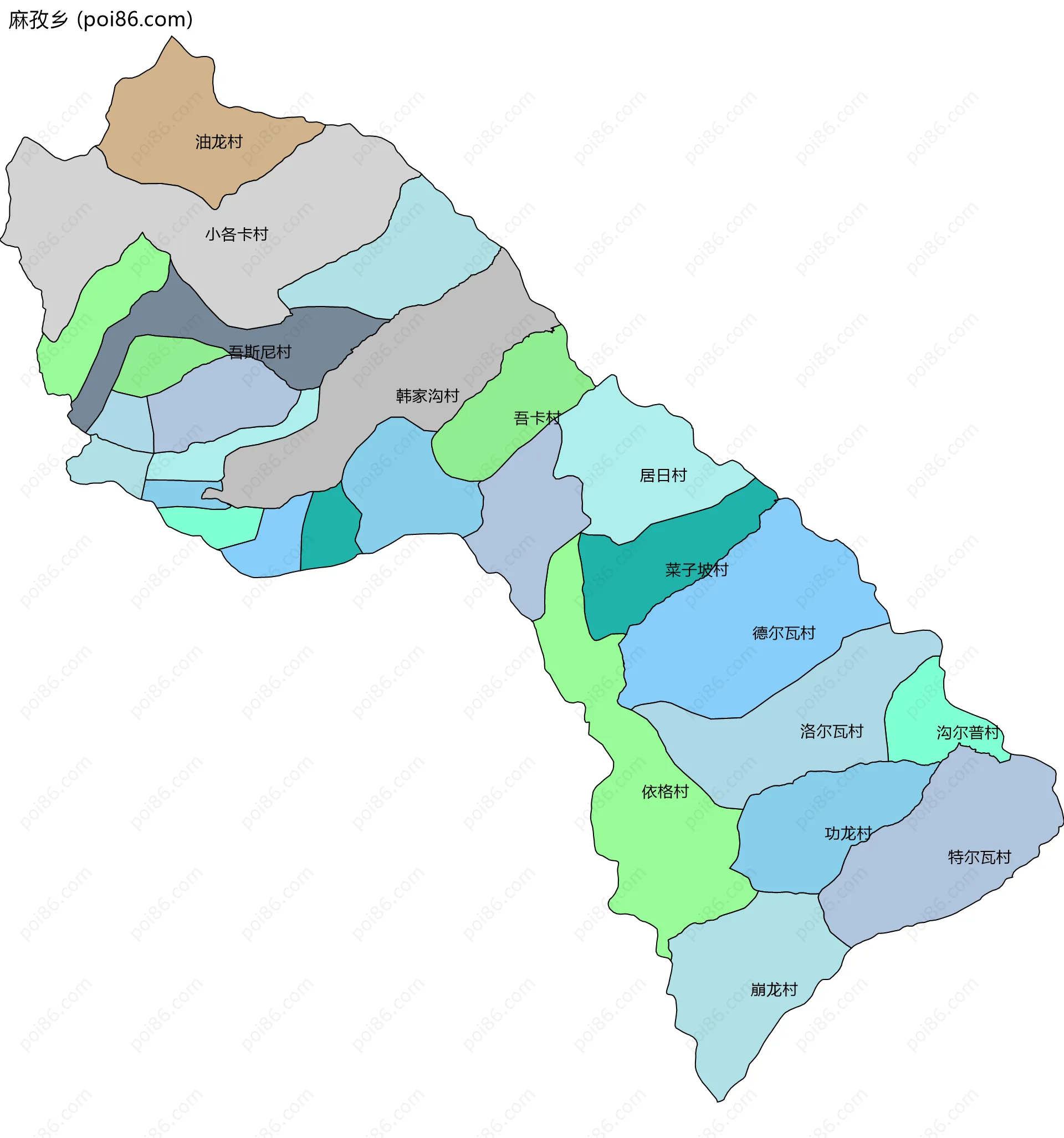 麻孜乡边界地图(五级行政区划)