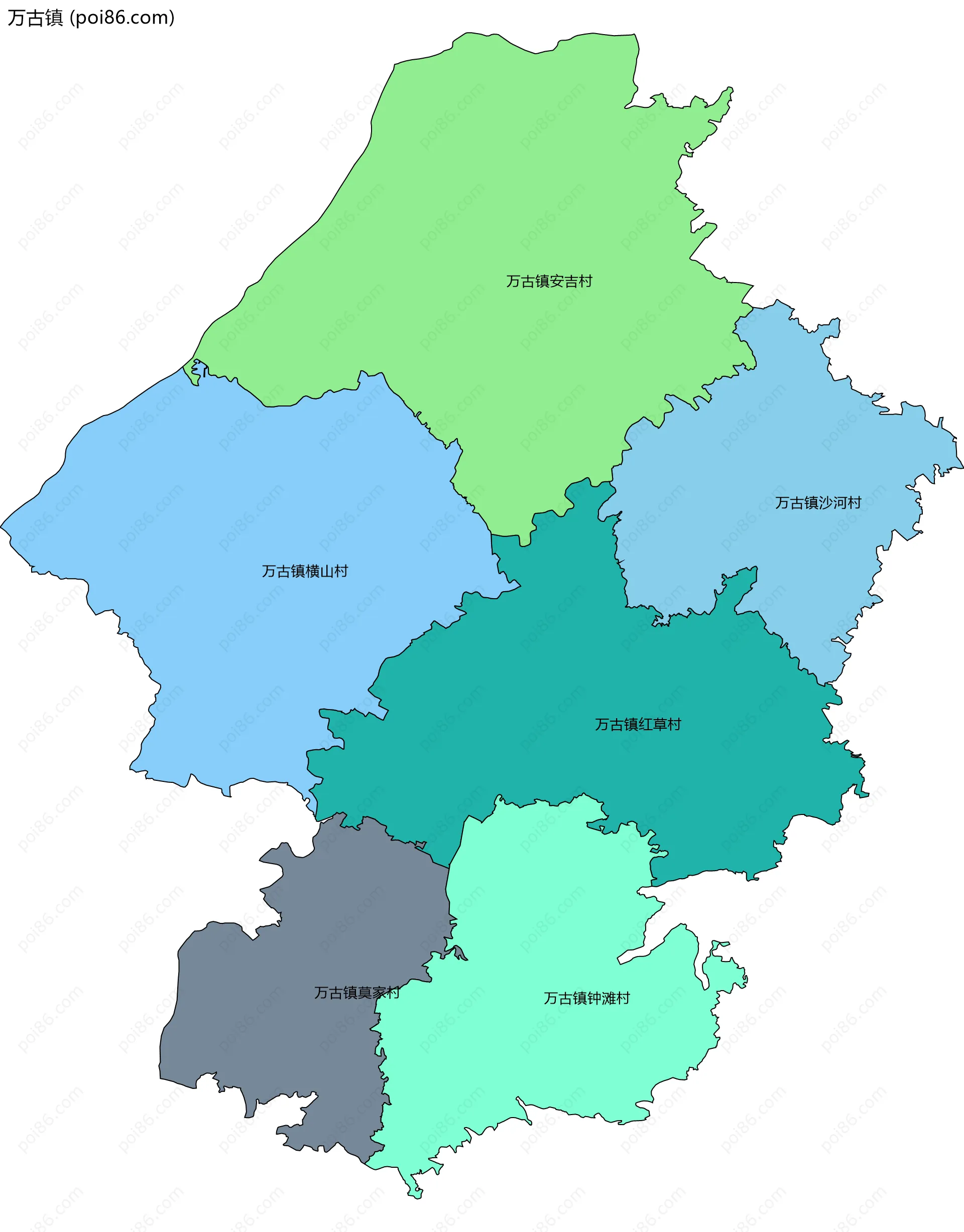 万古镇边界地图(五级行政区划)