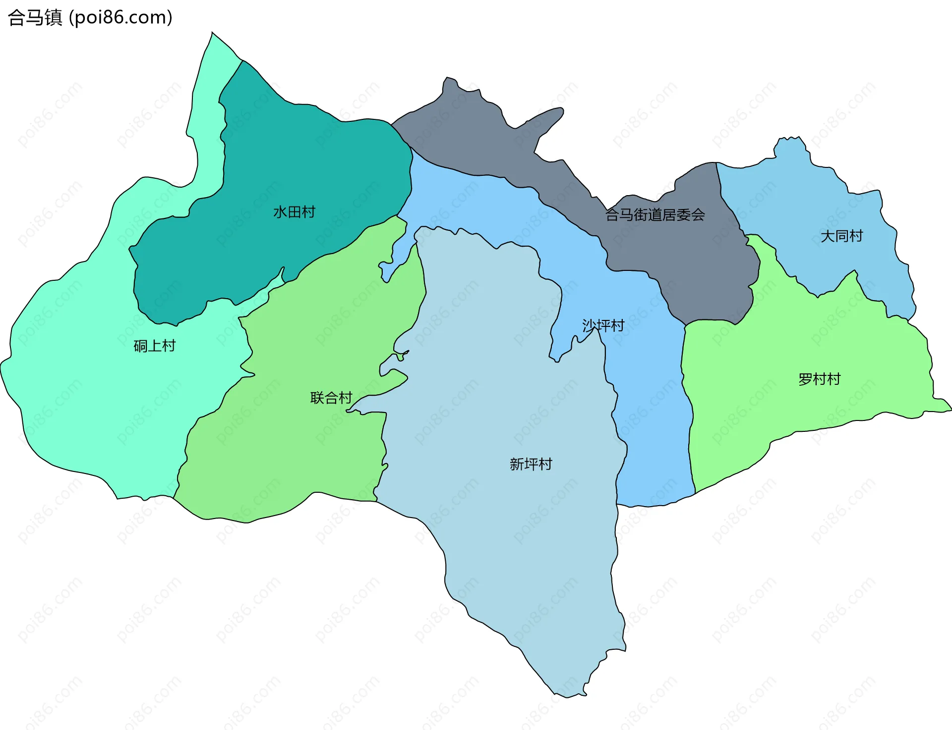 合马镇边界地图(五级行政区划)