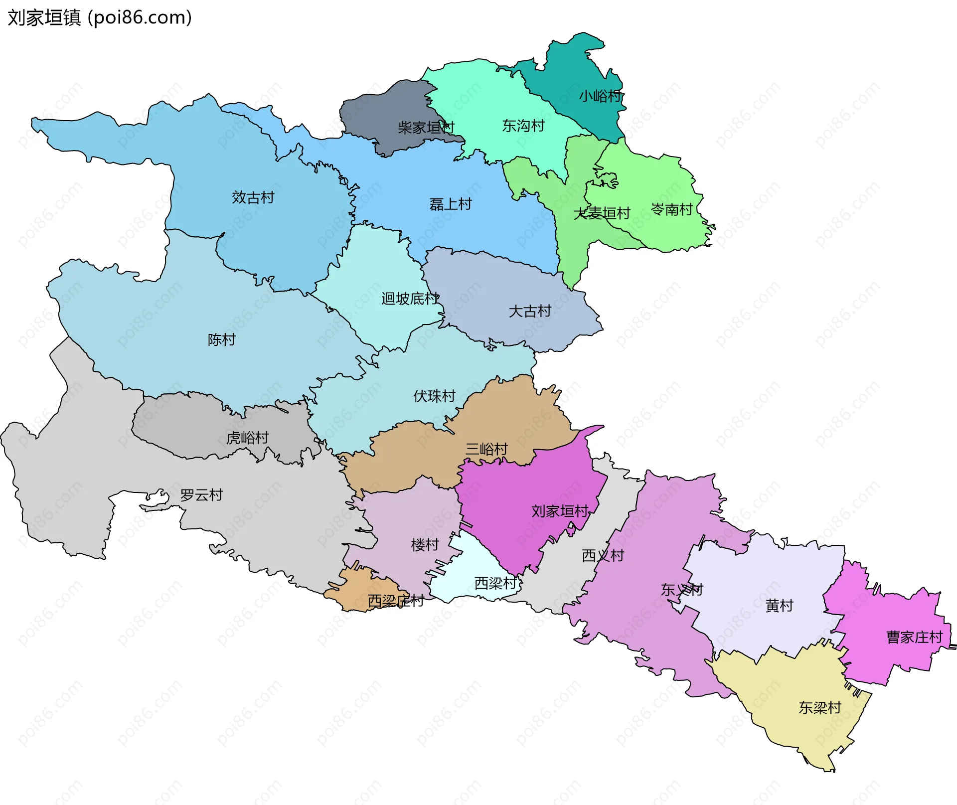 刘家垣镇边界地图(五级行政区划)