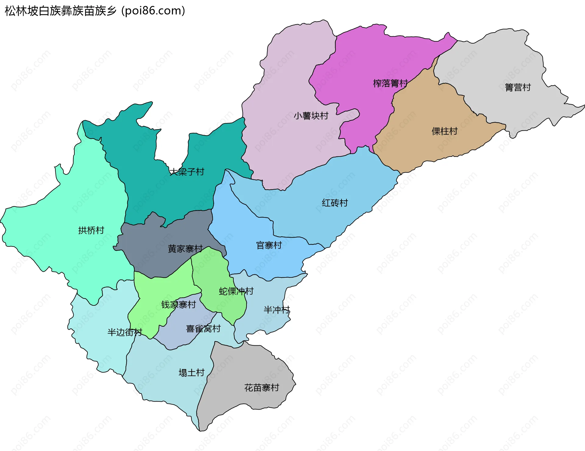 松林坡白族彝族苗族乡边界地图(五级行政区划)