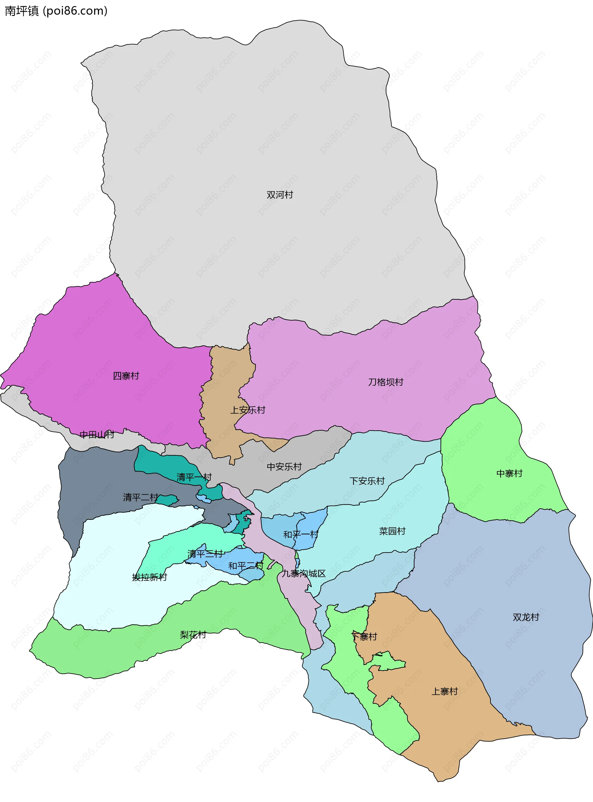 南坪镇边界地图(五级行政区划)