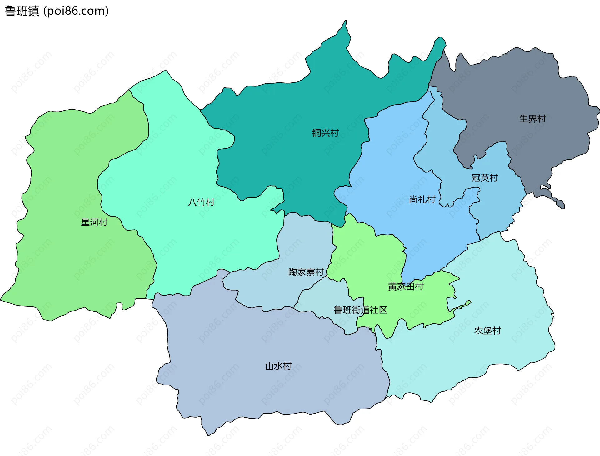 鲁班镇边界地图(五级行政区划)