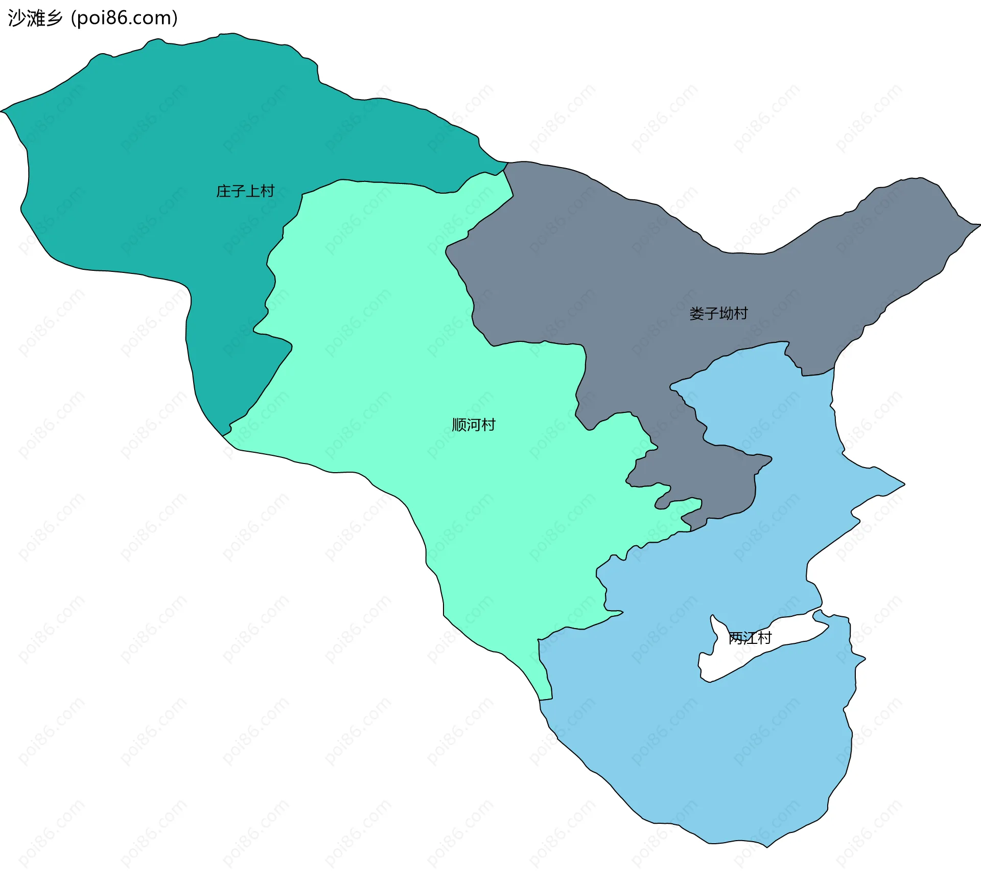 沙滩乡边界地图(五级行政区划)