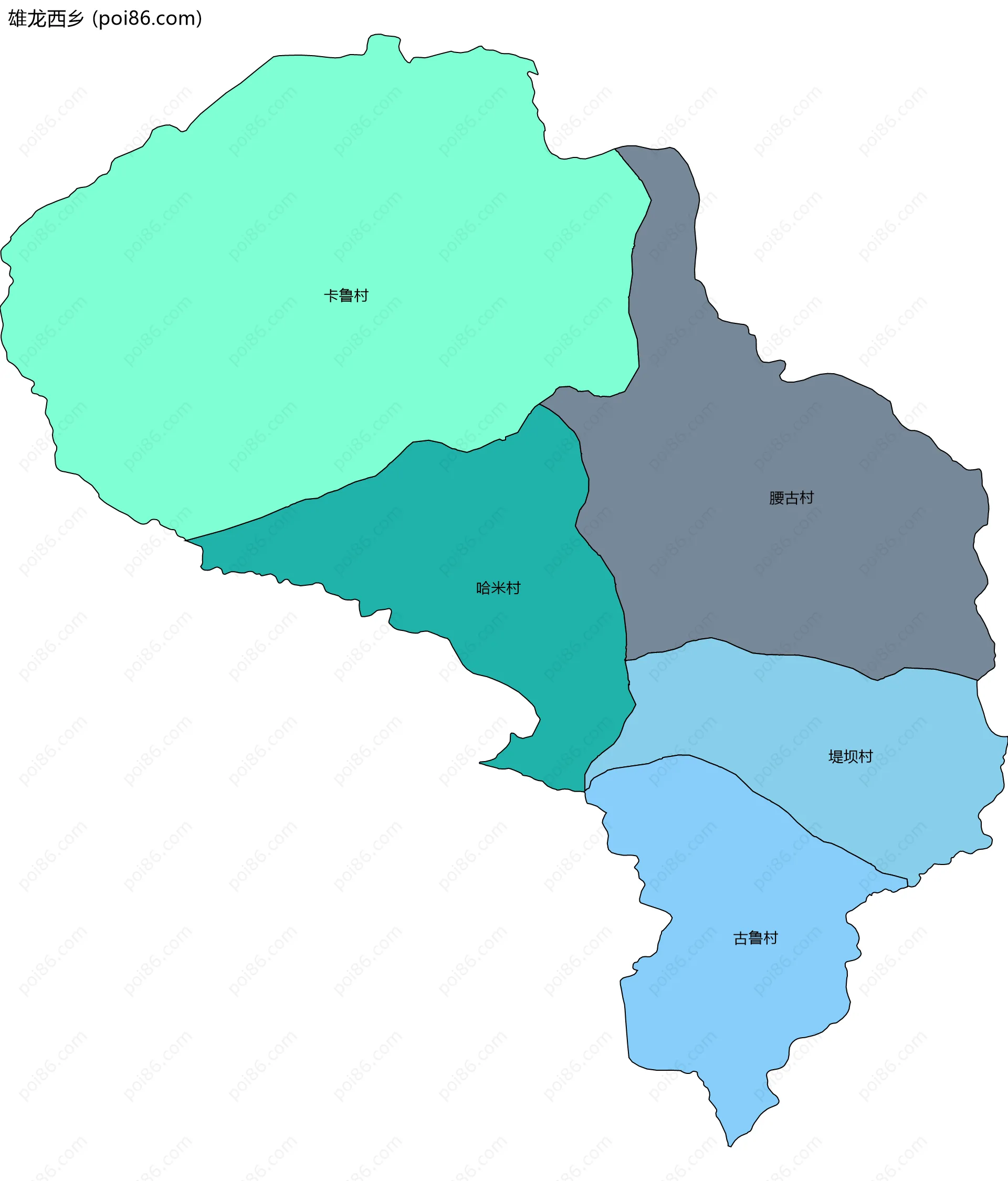 雄龙西乡边界地图(五级行政区划)