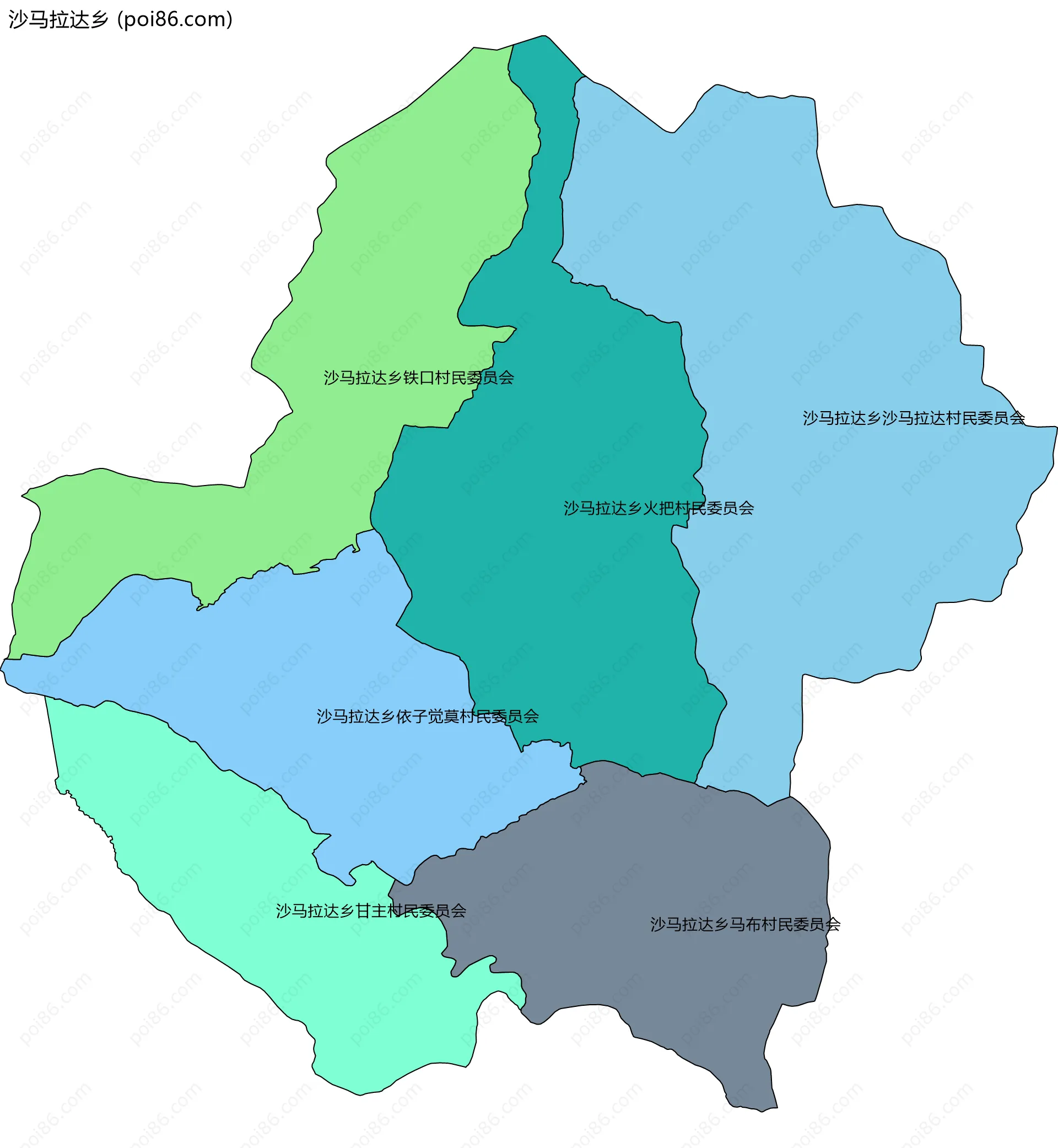 沙马拉达乡边界地图(五级行政区划)