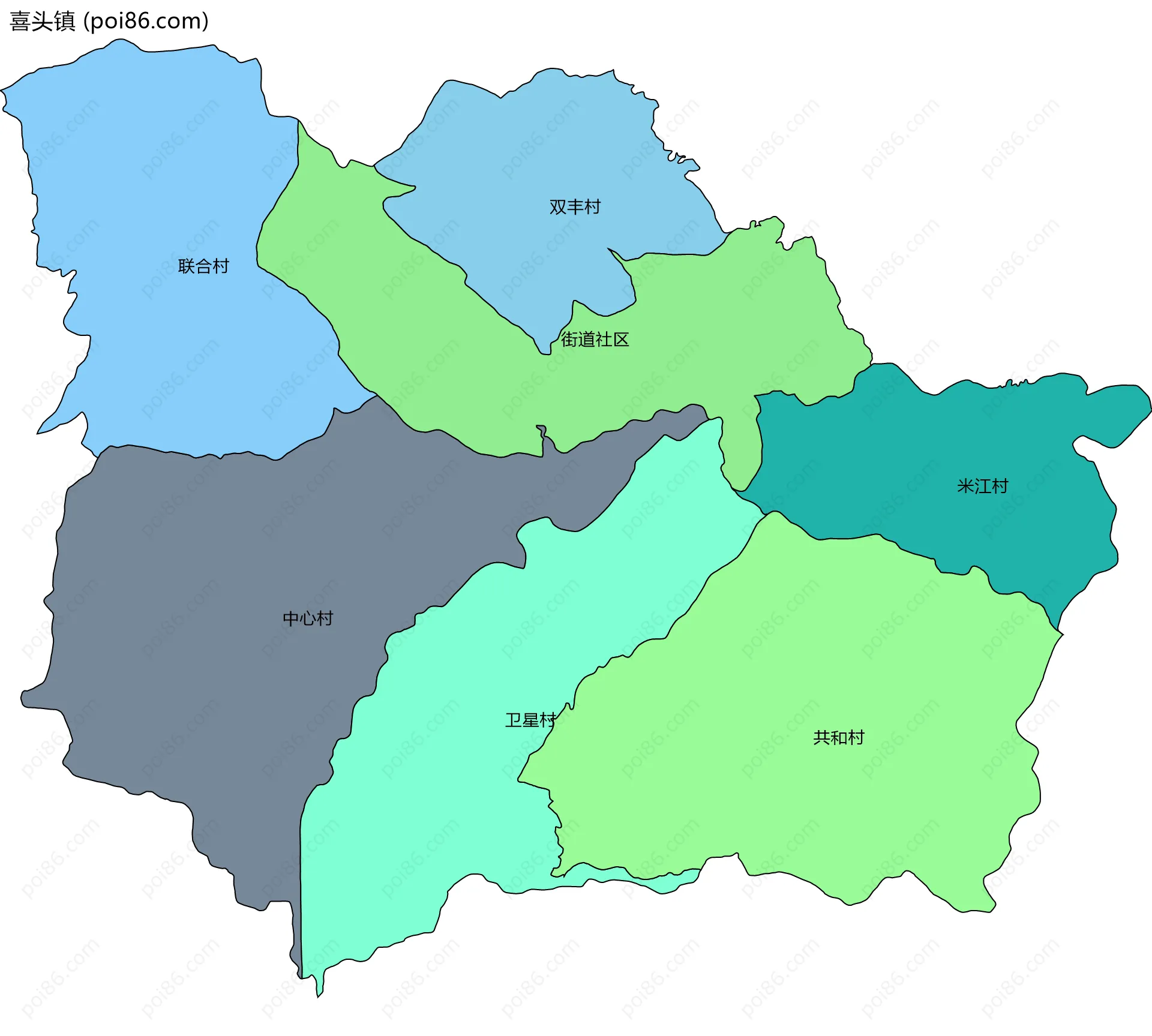 喜头镇边界地图(五级行政区划)