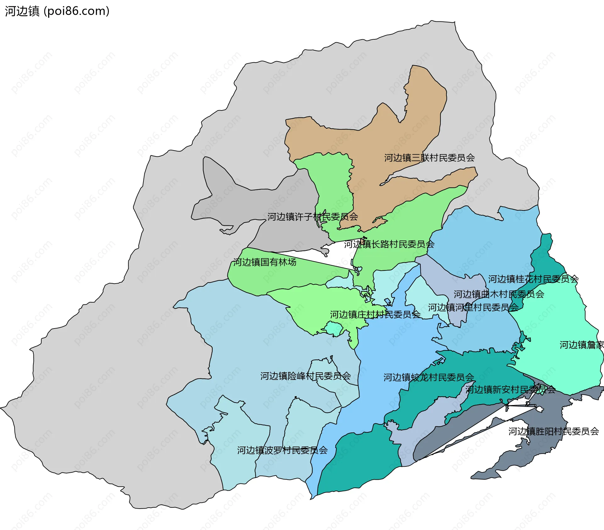 河边镇边界地图(五级行政区划)