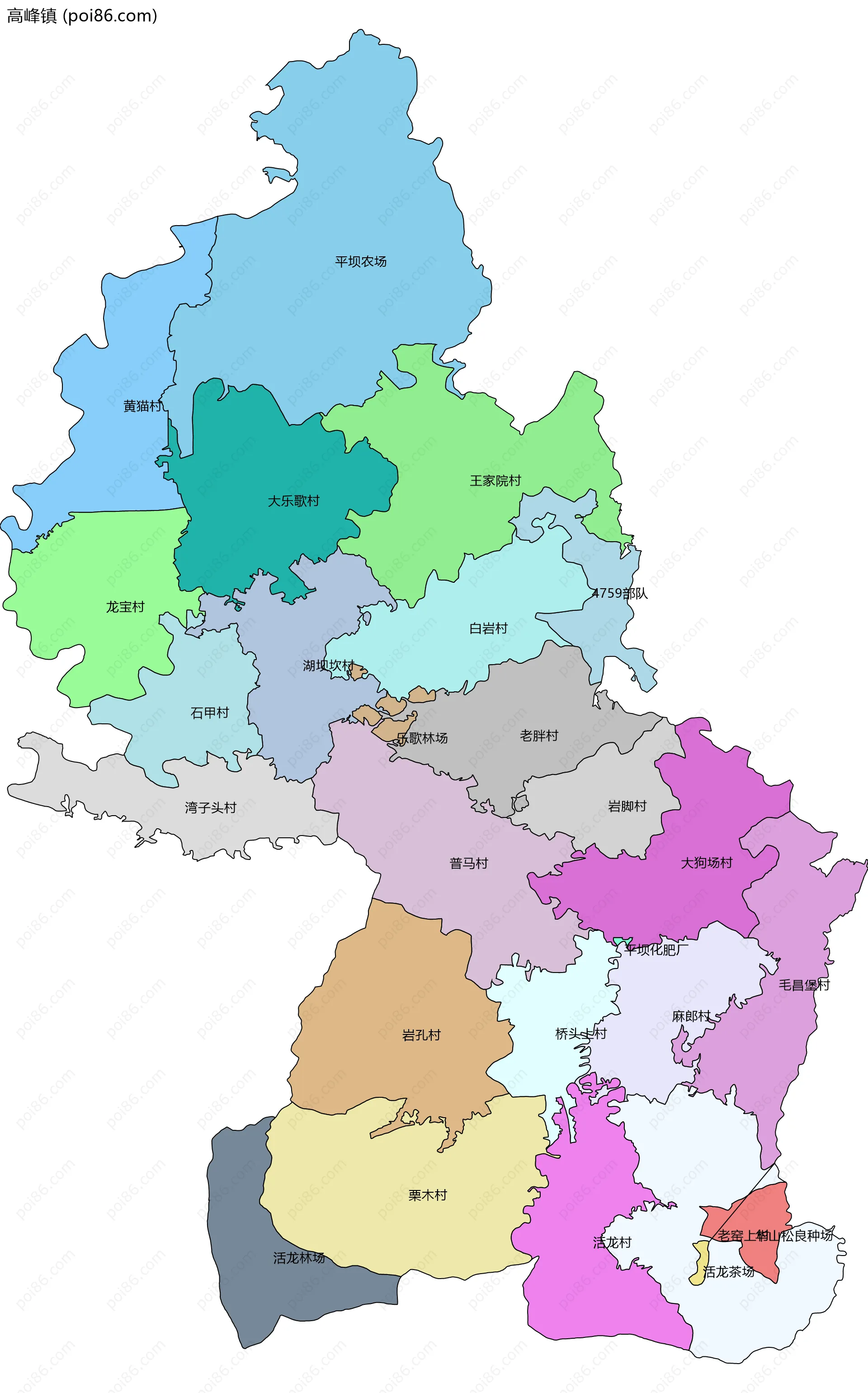 高峰镇边界地图(五级行政区划)