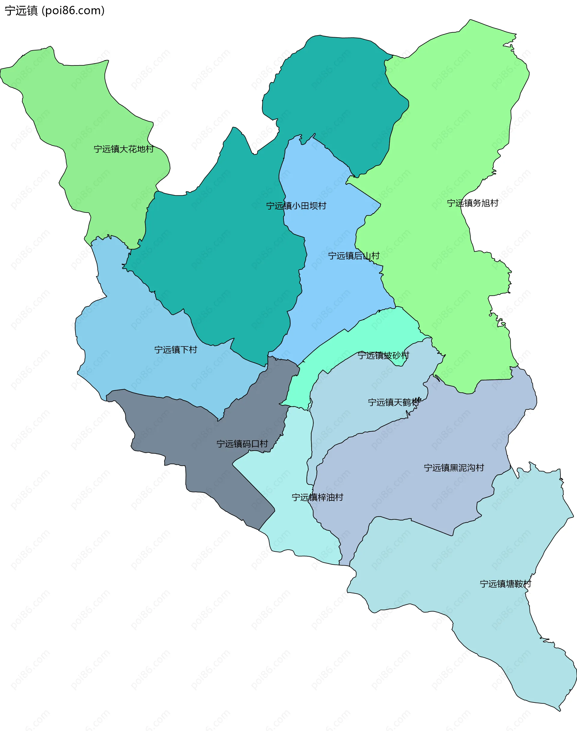 宁远镇边界地图(五级行政区划)