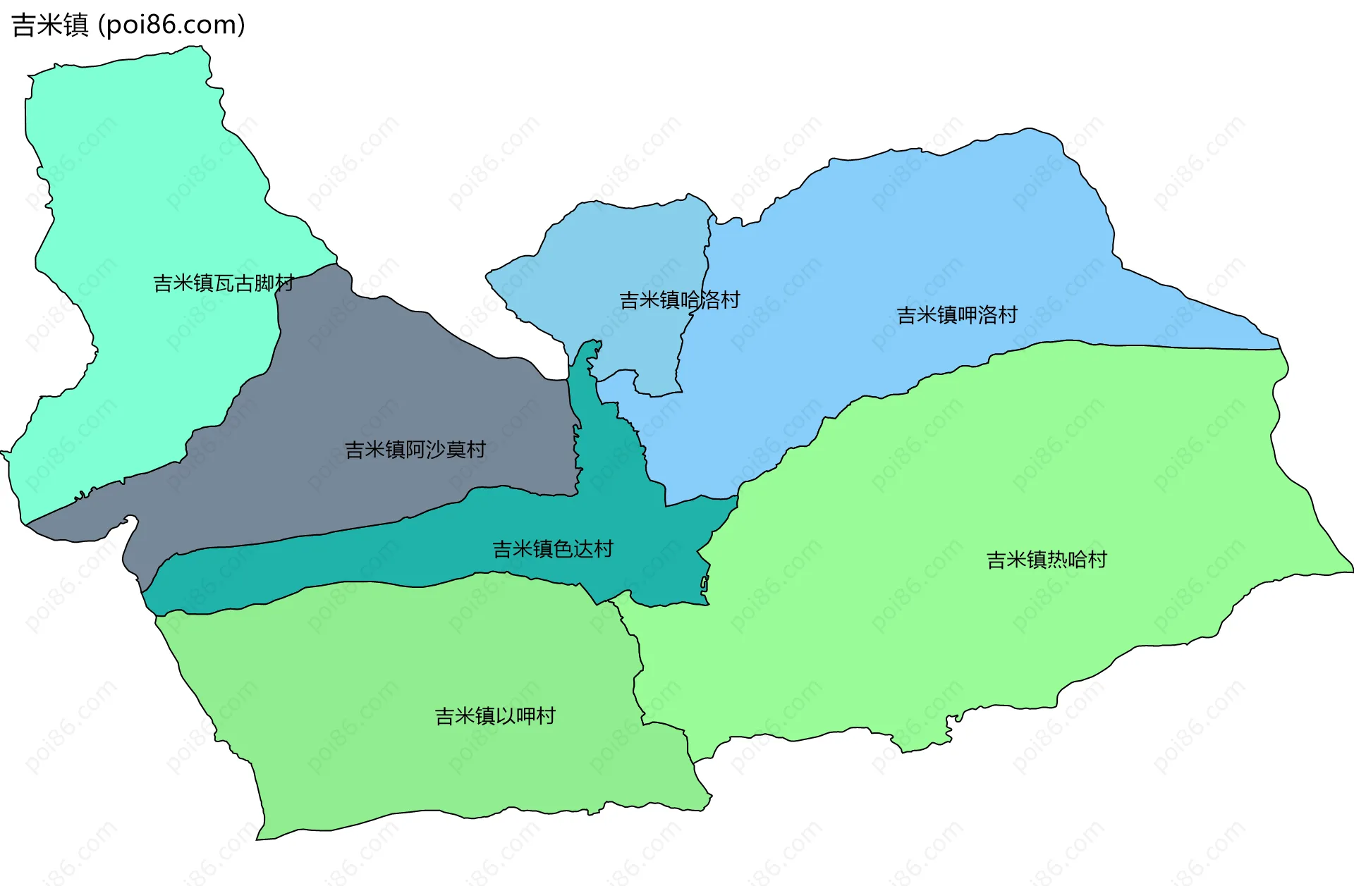 吉米镇边界地图(五级行政区划)