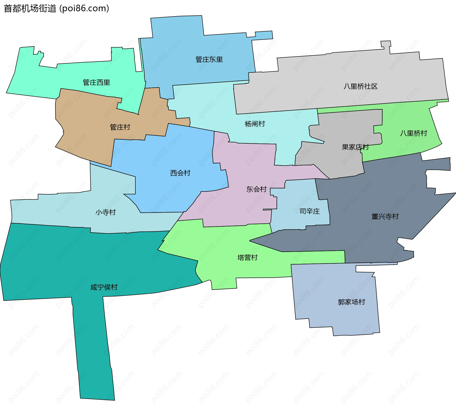 首都机场街道边界地图(五级行政区划)