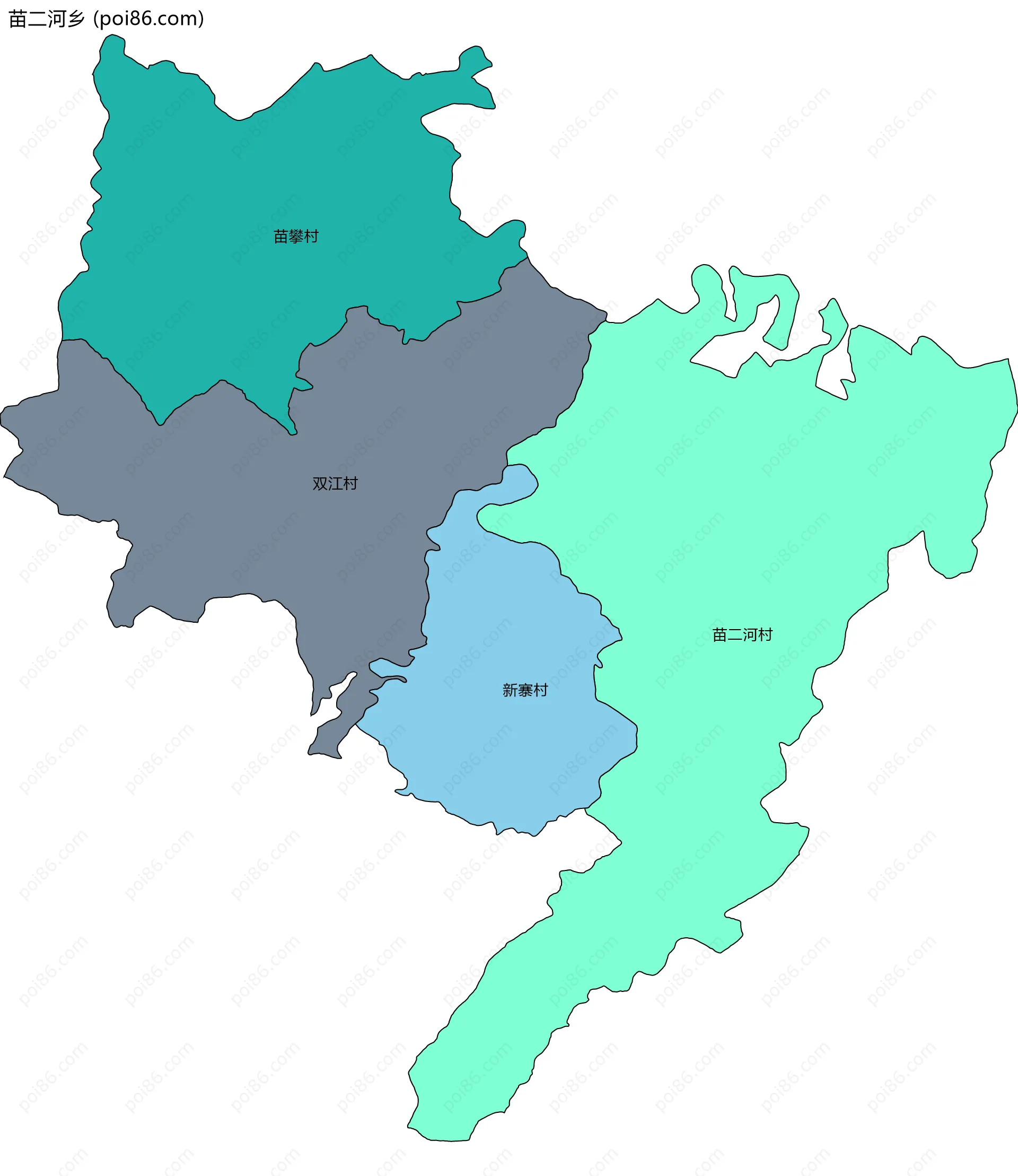 苗二河乡边界地图(五级行政区划)