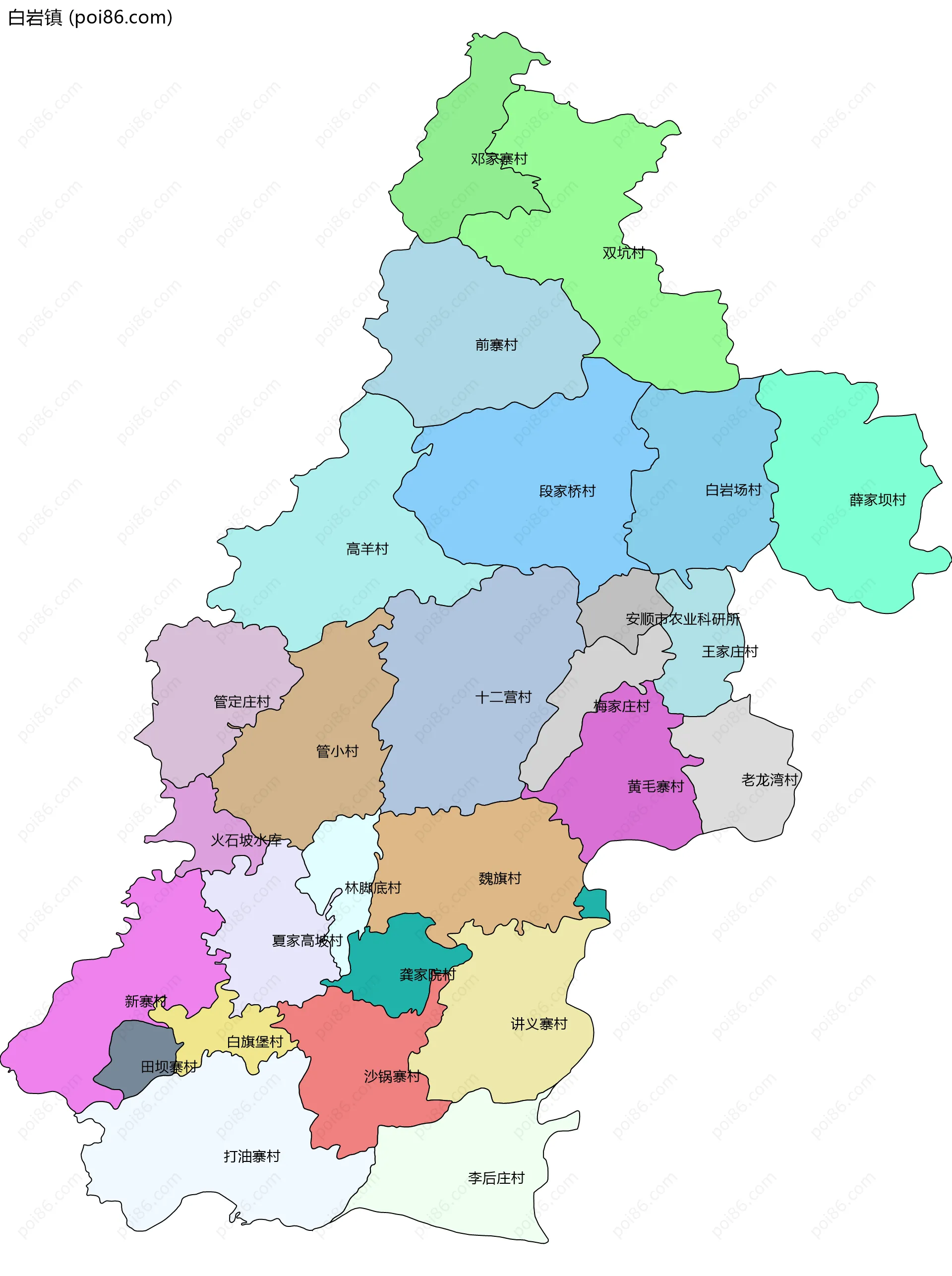 白岩镇边界地图(五级行政区划)