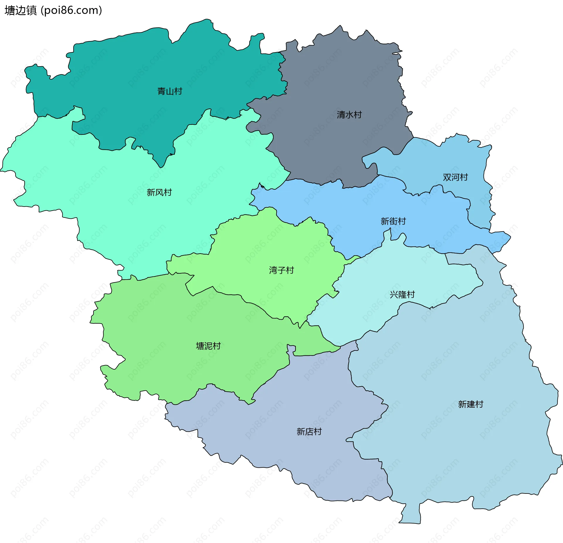 塘边镇边界地图(五级行政区划)