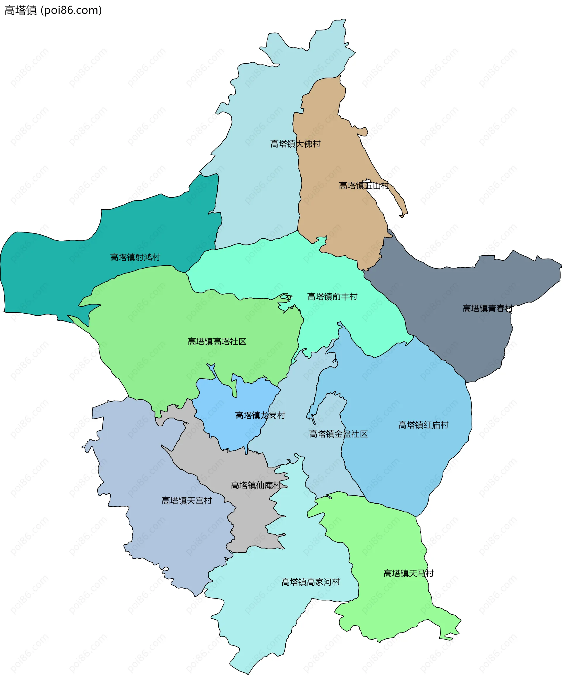 高塔镇边界地图(五级行政区划)