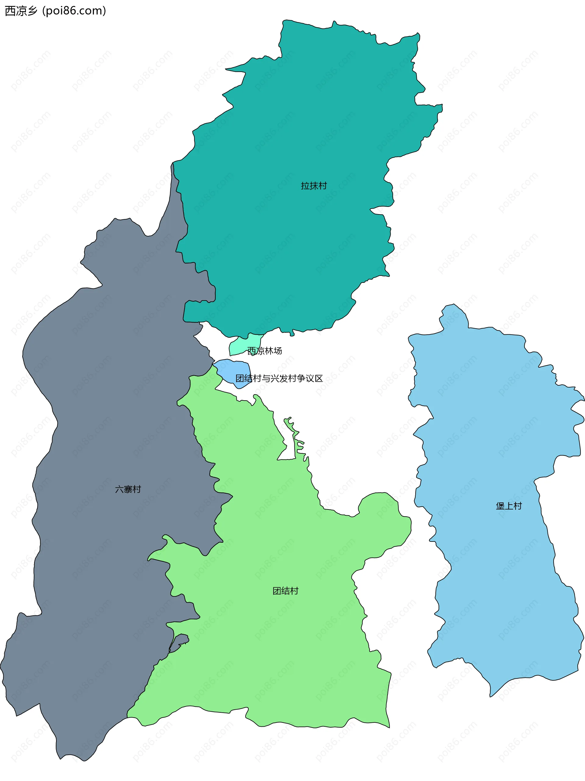 西凉乡边界地图(五级行政区划)