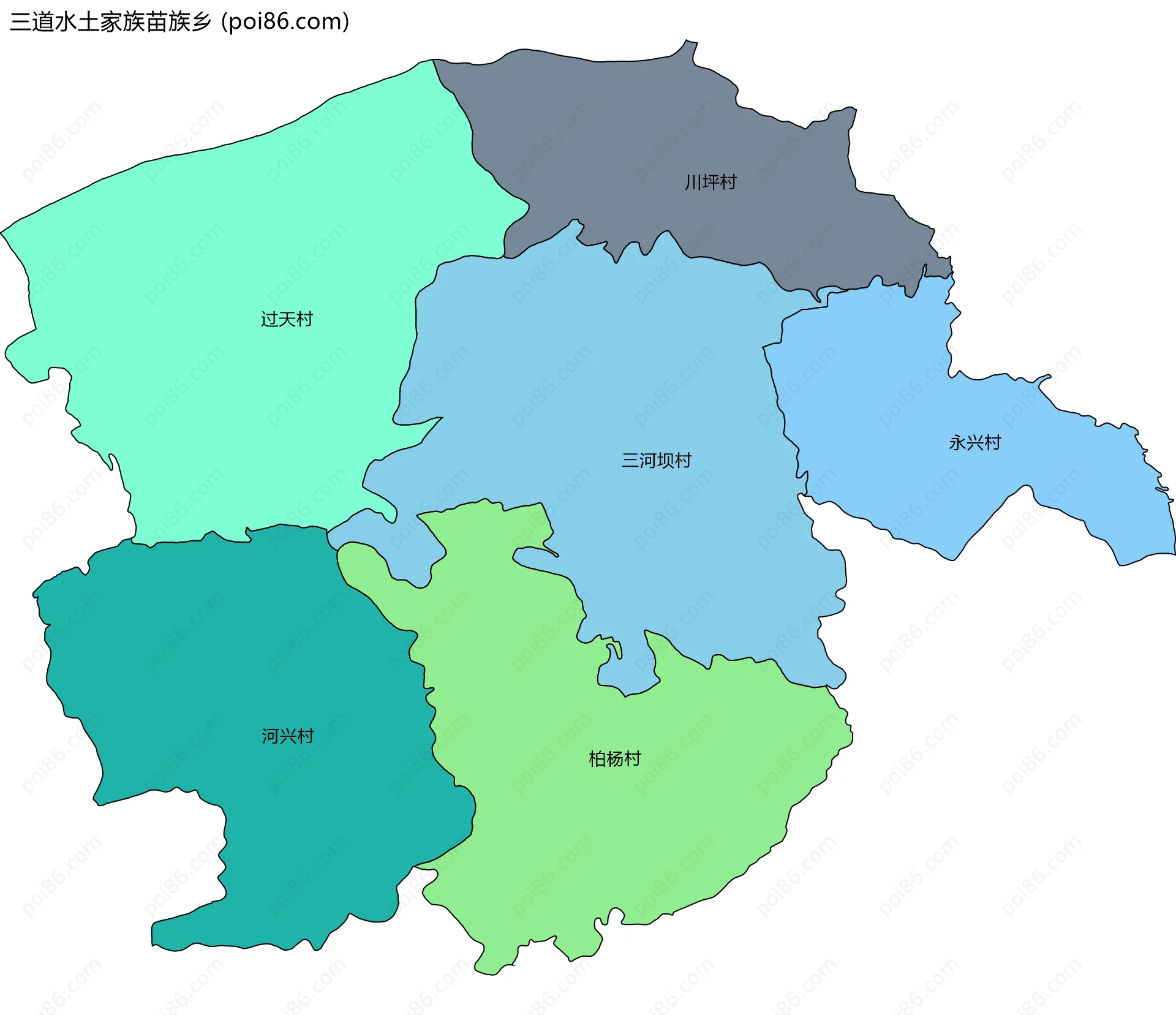 三道水土家族苗族乡边界地图(五级行政区划)