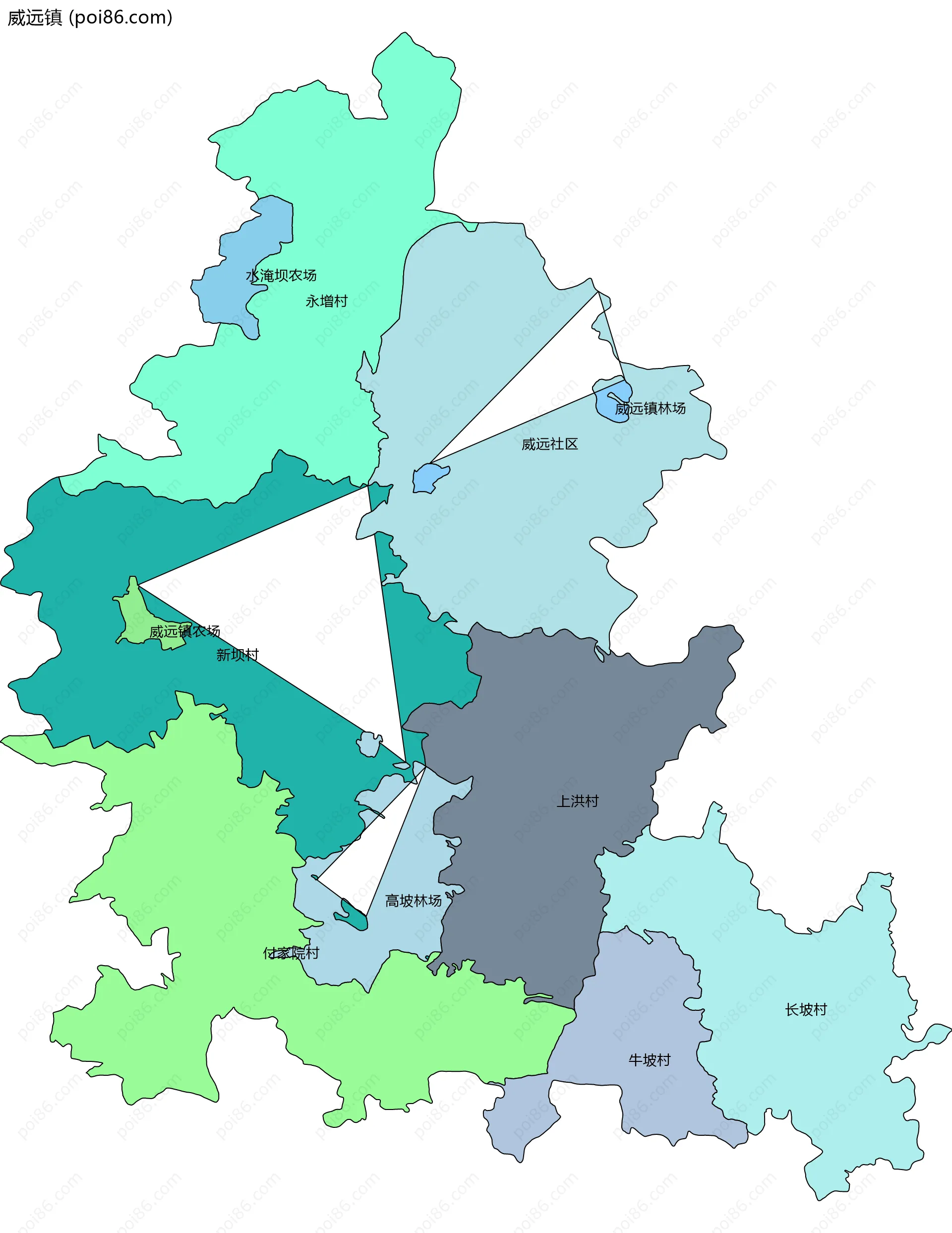 威远镇边界地图(五级行政区划)