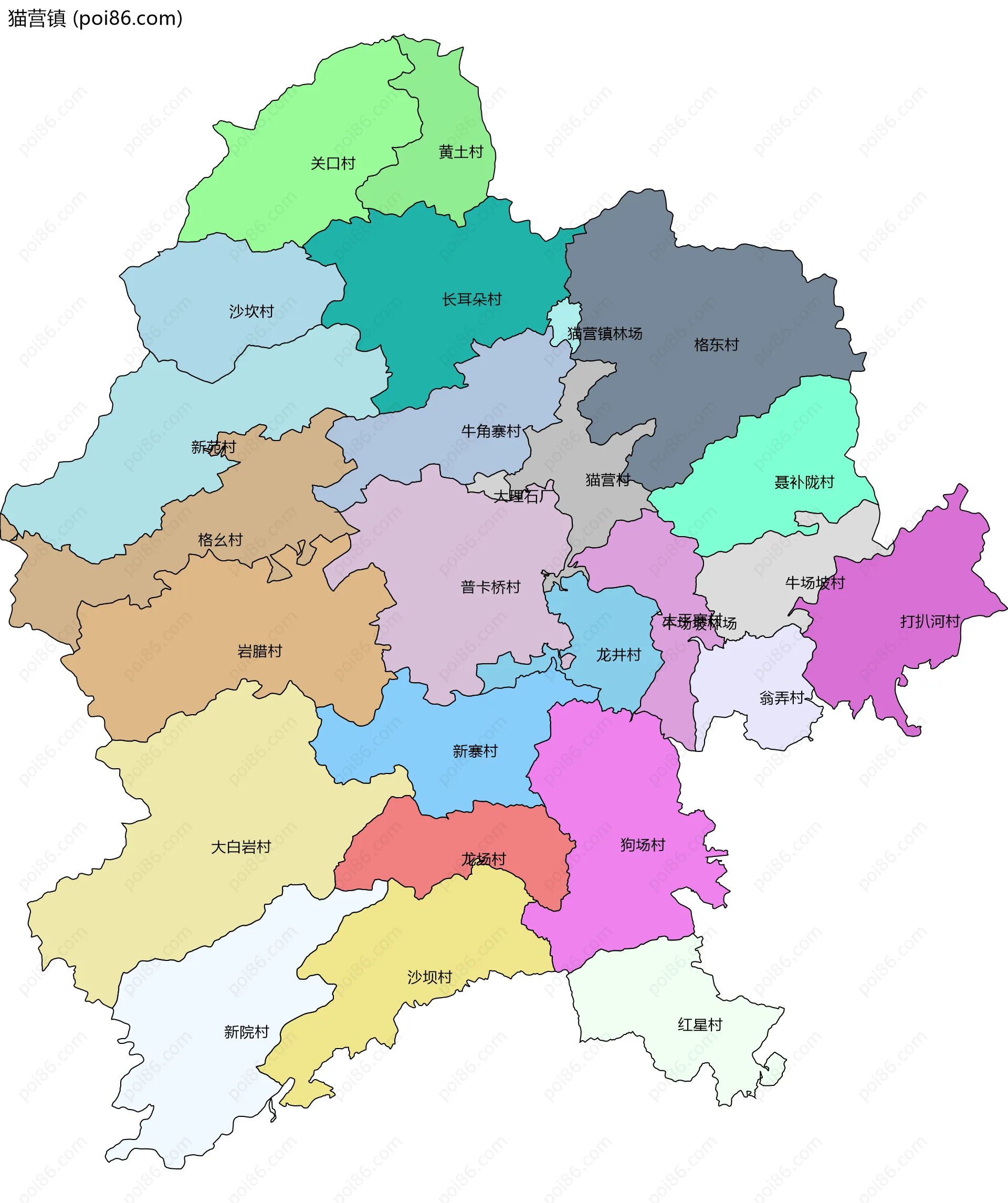 猫营镇边界地图(五级行政区划)