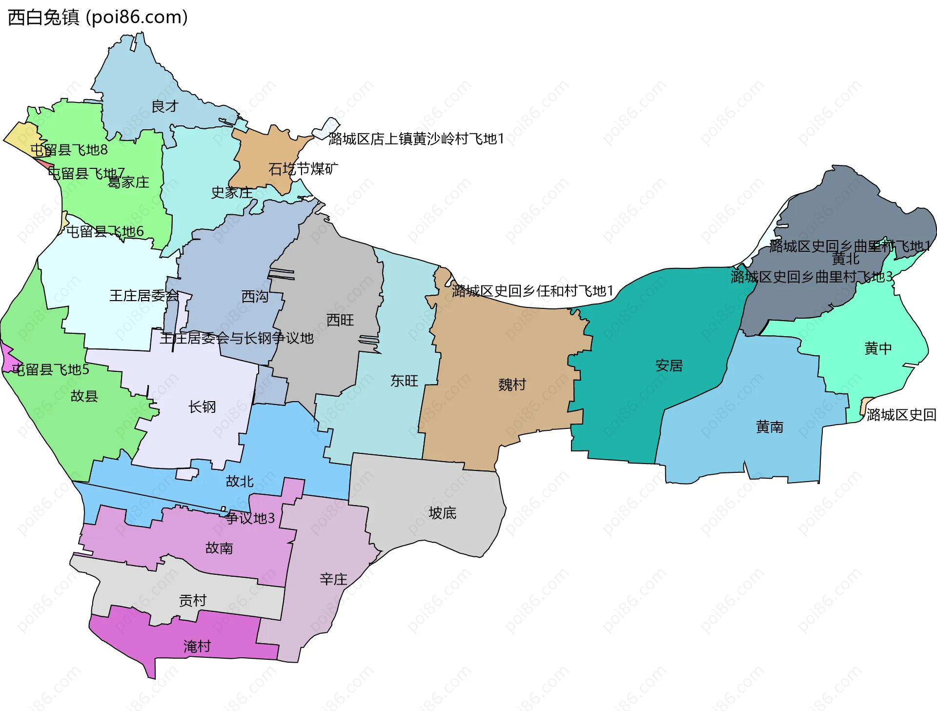 西白兔镇边界地图(五级行政区划)