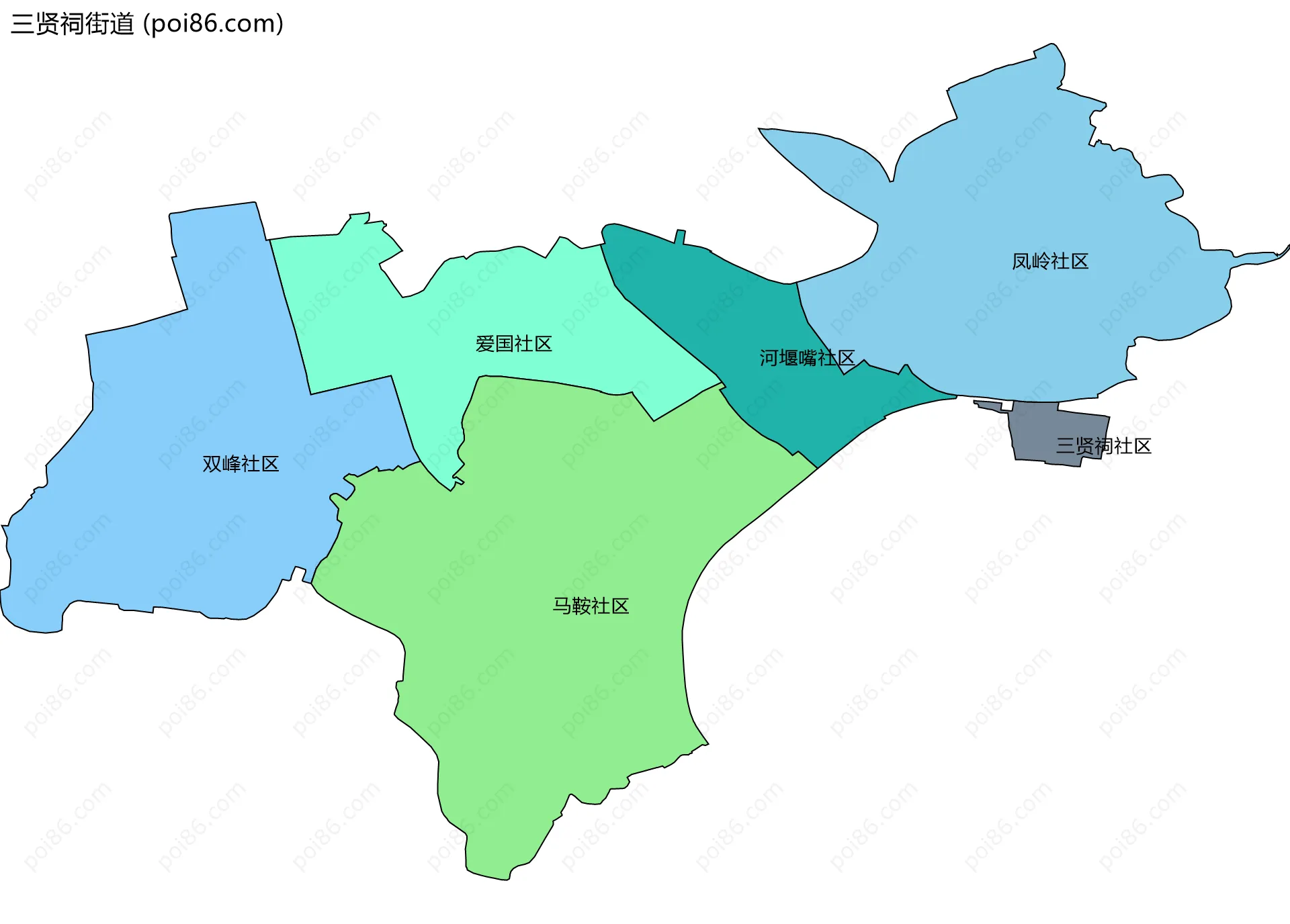 三贤祠街道边界地图(五级行政区划)