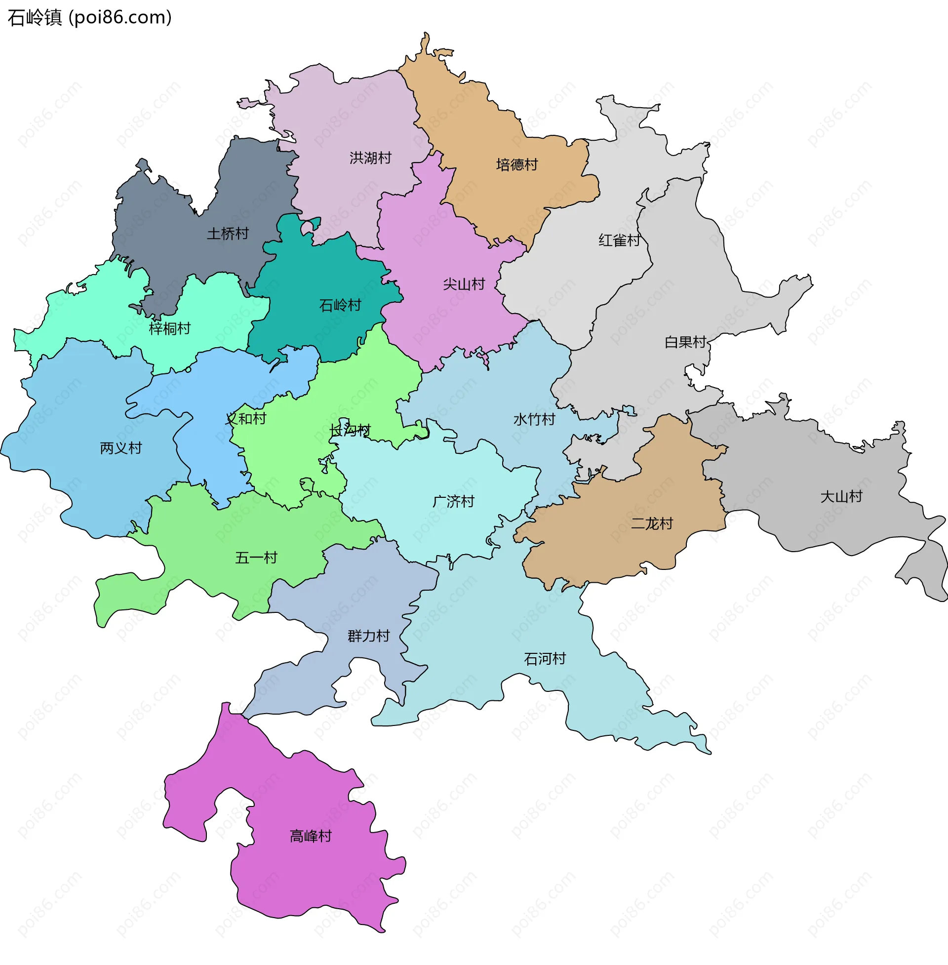 石岭镇边界地图(五级行政区划)